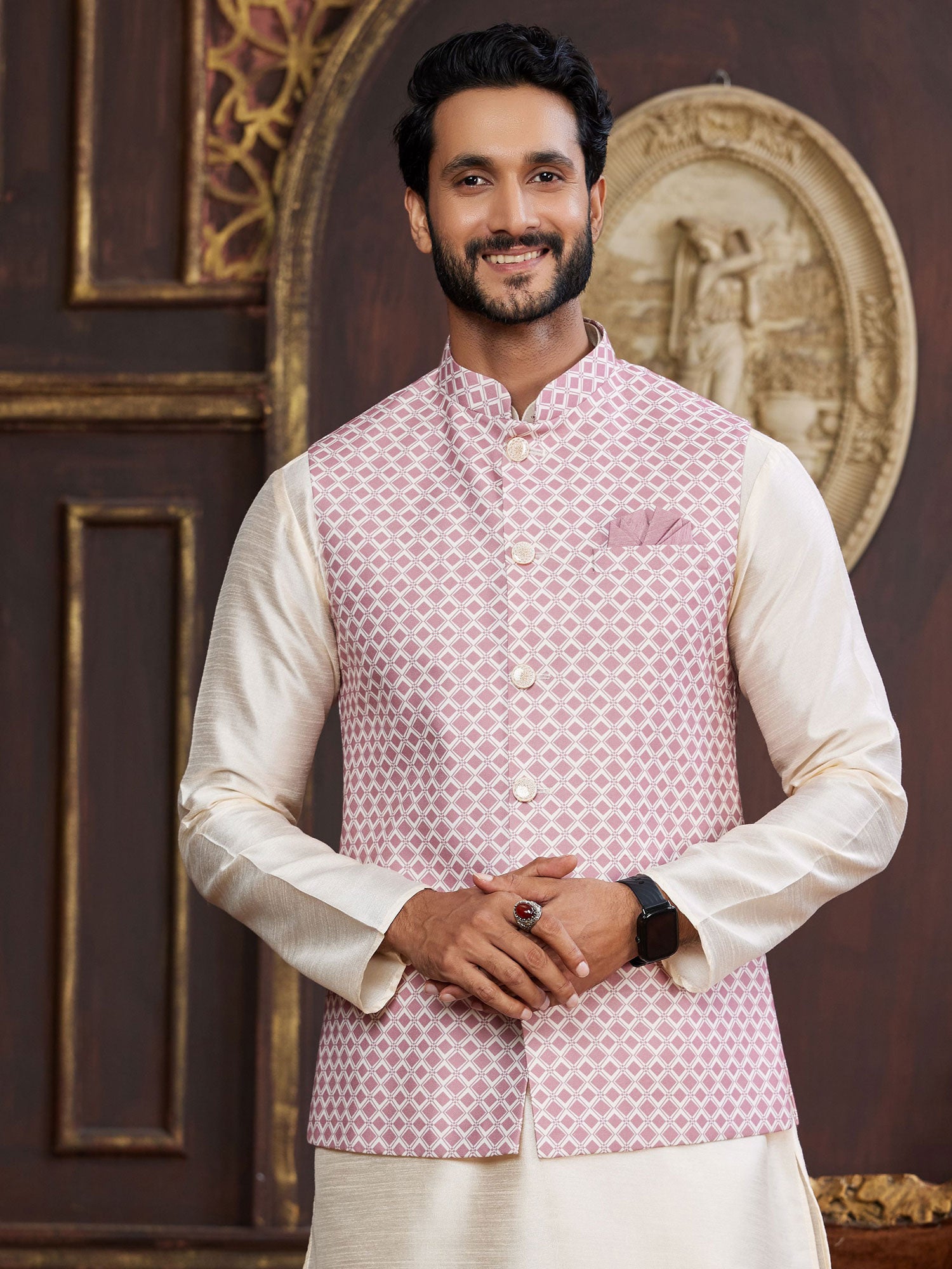 Light Beige Art Silk Festive Wear Kurta Set