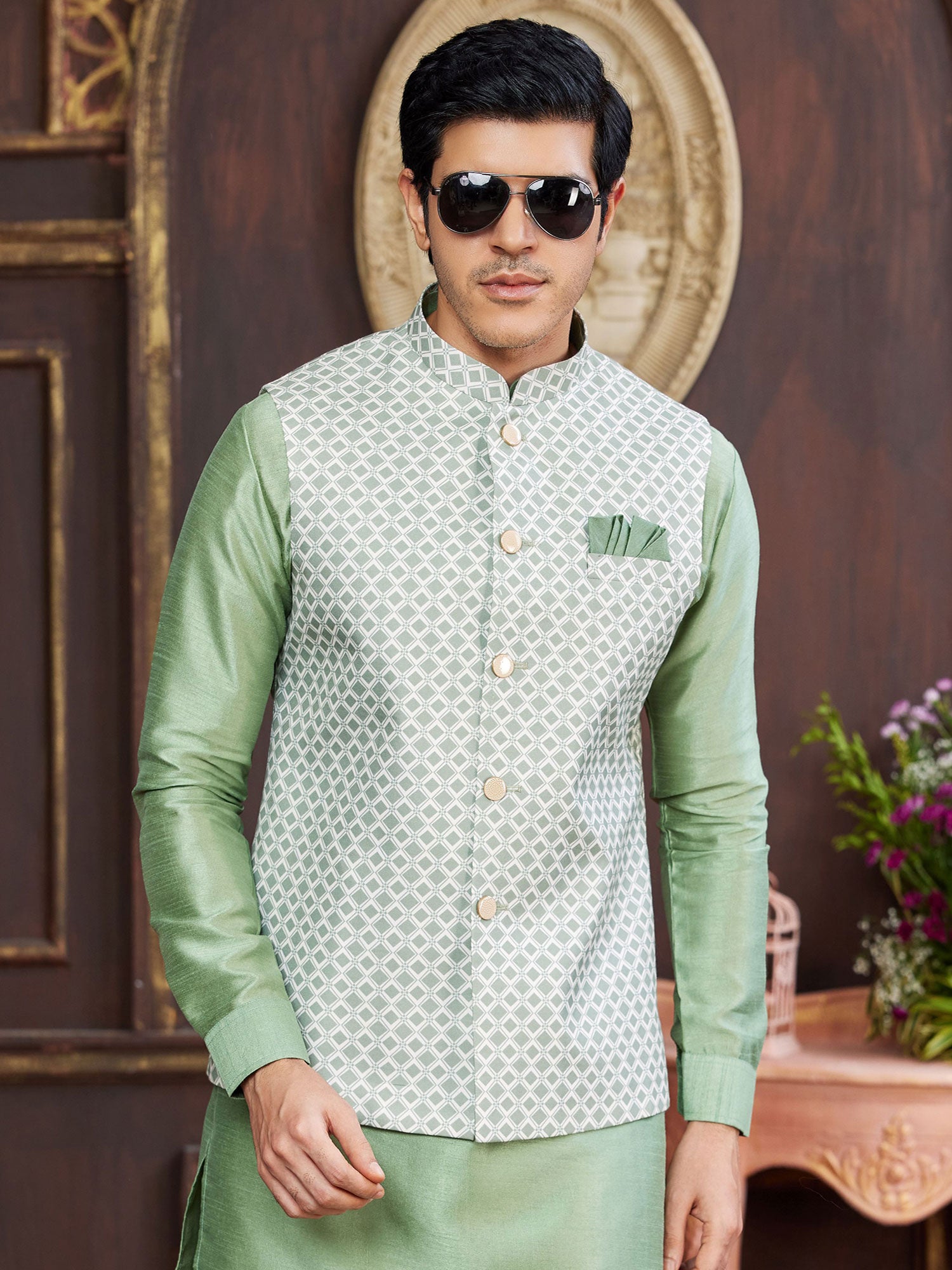 Green Festive Wear Readymade Kurta Pyjama