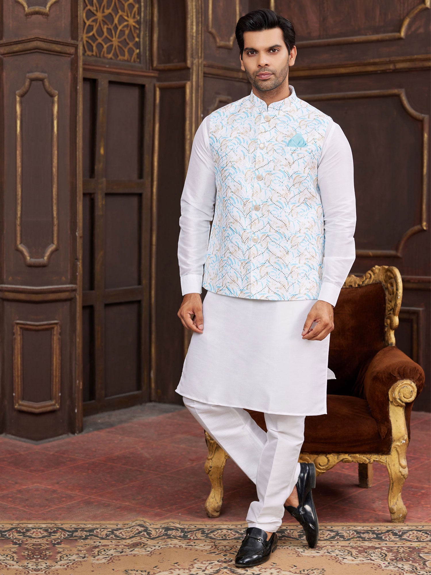 Off White Readymade Kurta Set In Sequins Work