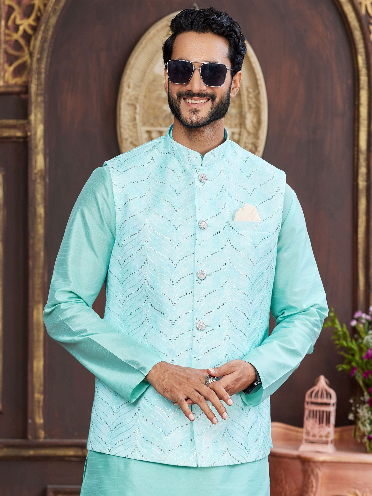 Sky Blue Art Silk Readymade Kurta Pyjama