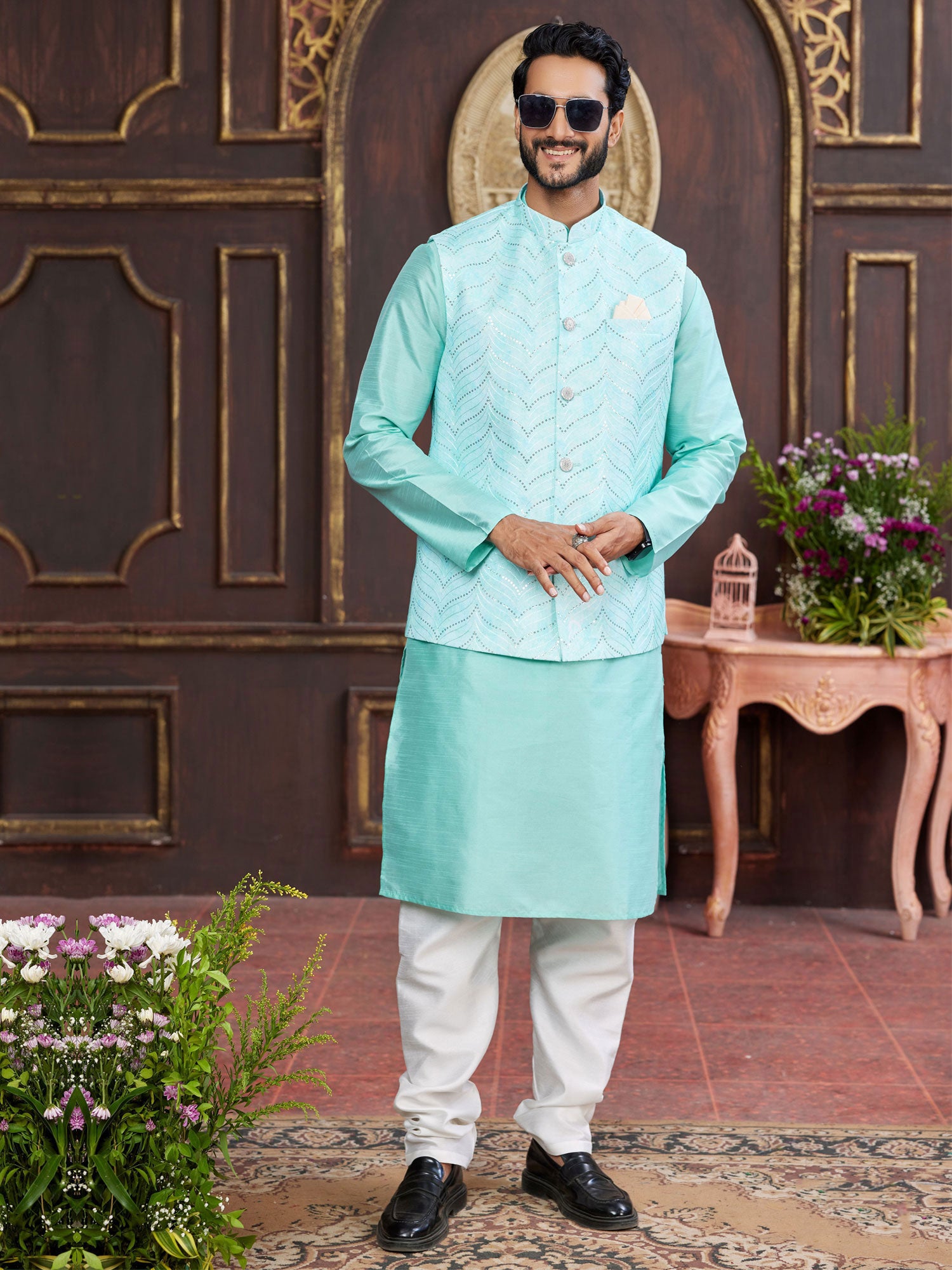 Sky Blue Art Silk Readymade Kurta Pyjama