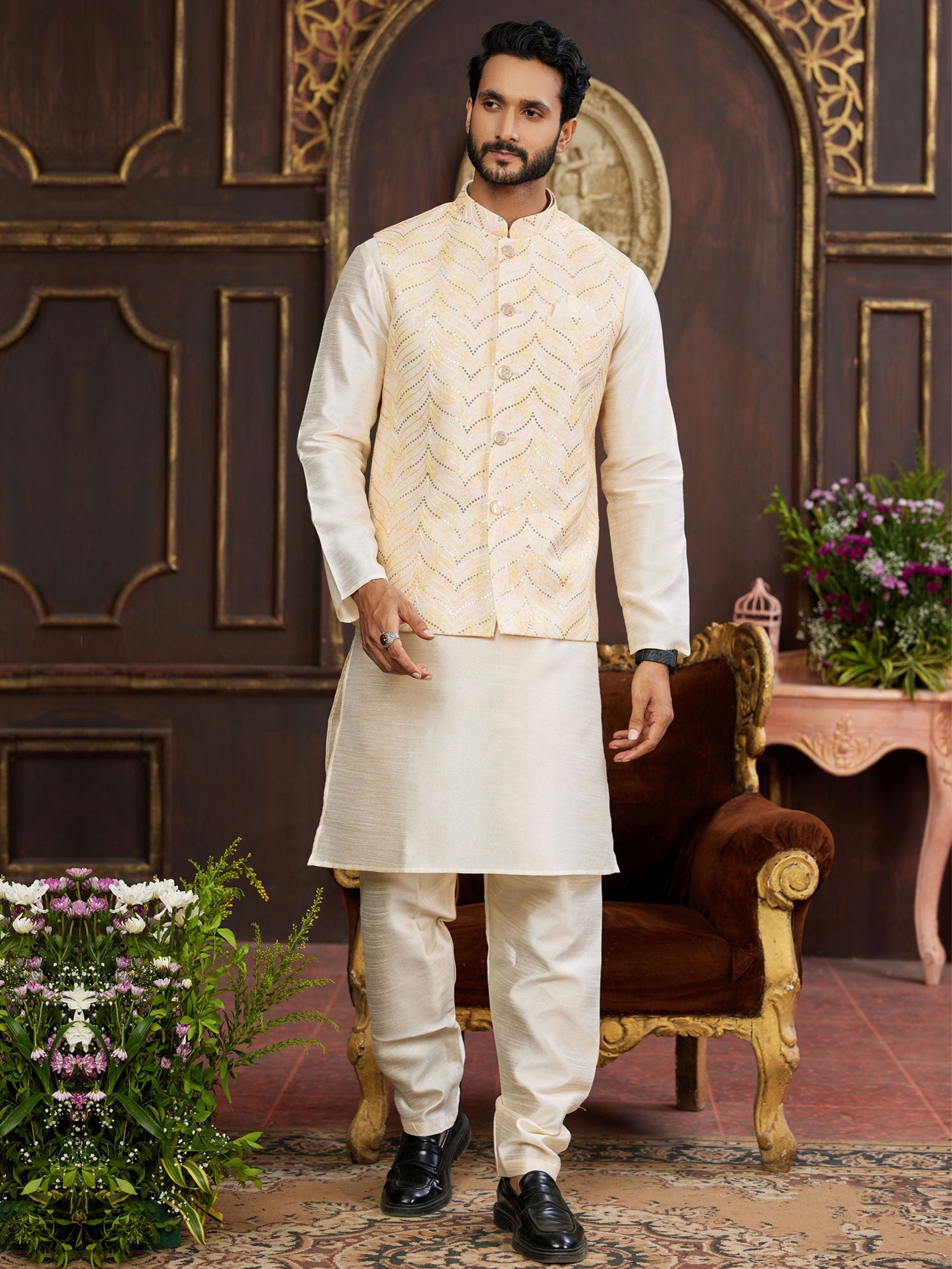 Cream Festive Silk Kurta Set With Nehru Jacket