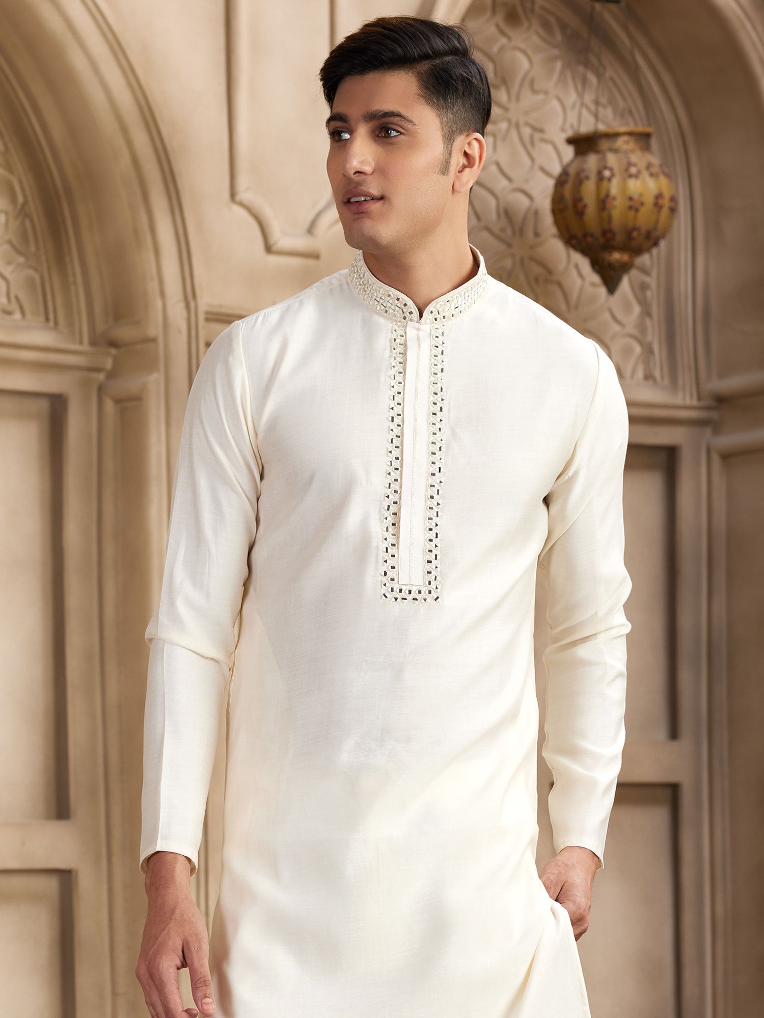 Off White Mirror Work Kurta Pyjama Set