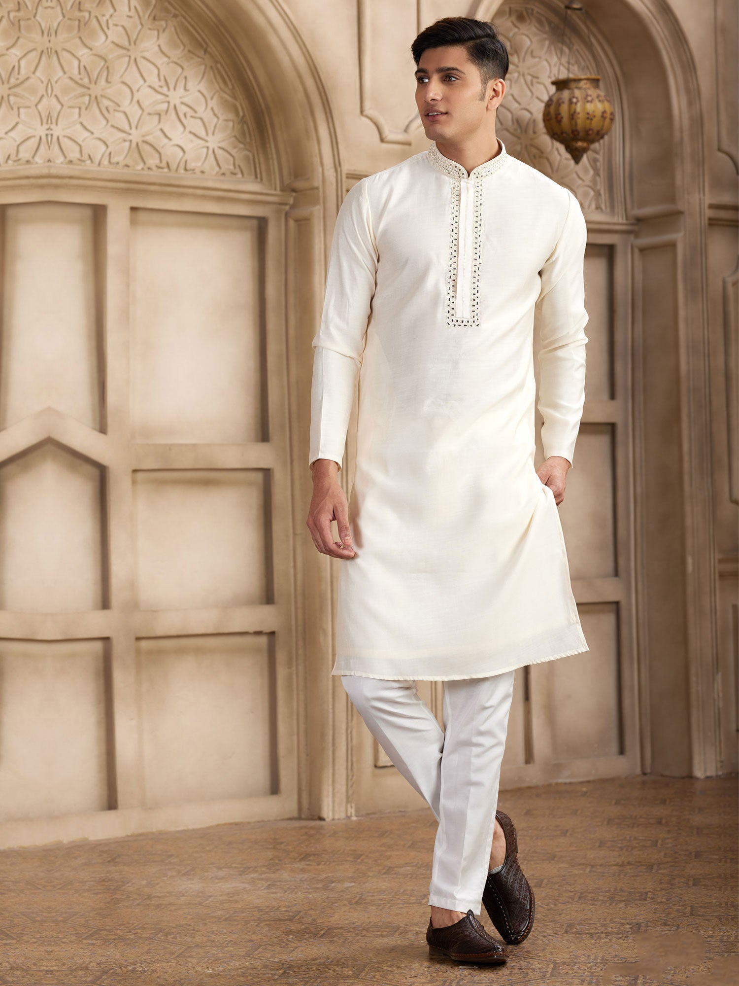 Off White Mirror Work Kurta Pyjama Set