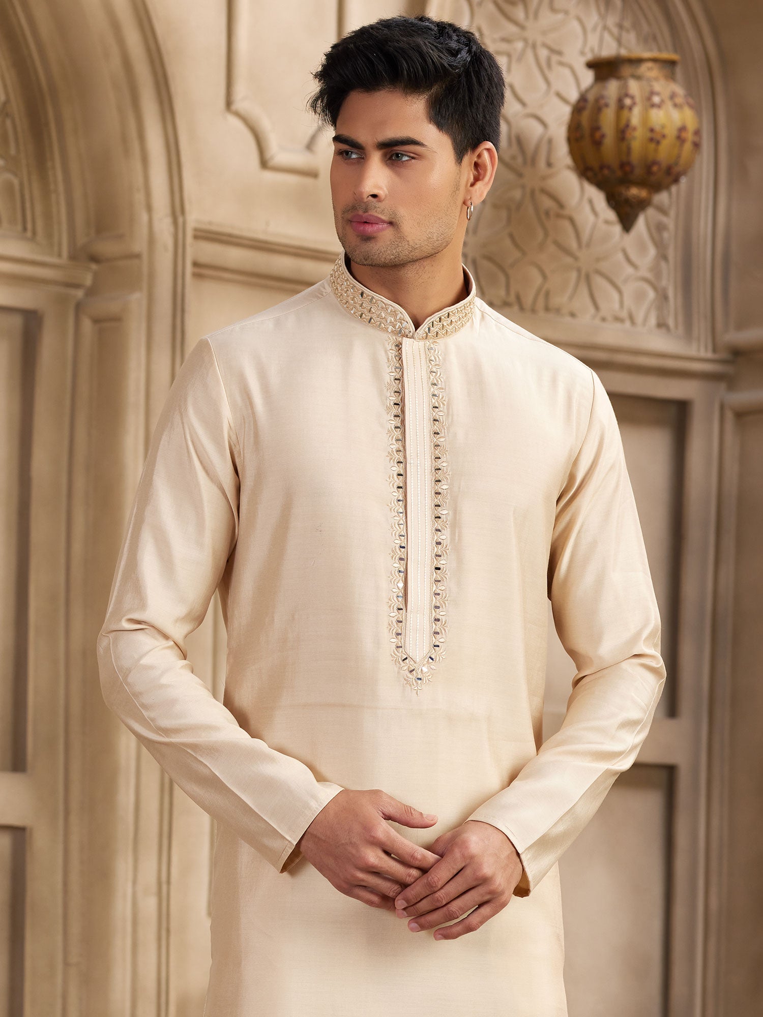 Cream Festive Readymade Kurta Set In Silk
