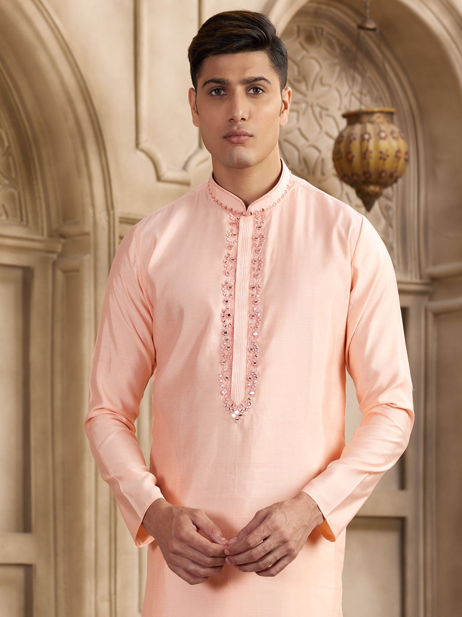 Peach Mirror Embroidered Readymade Kurta Set