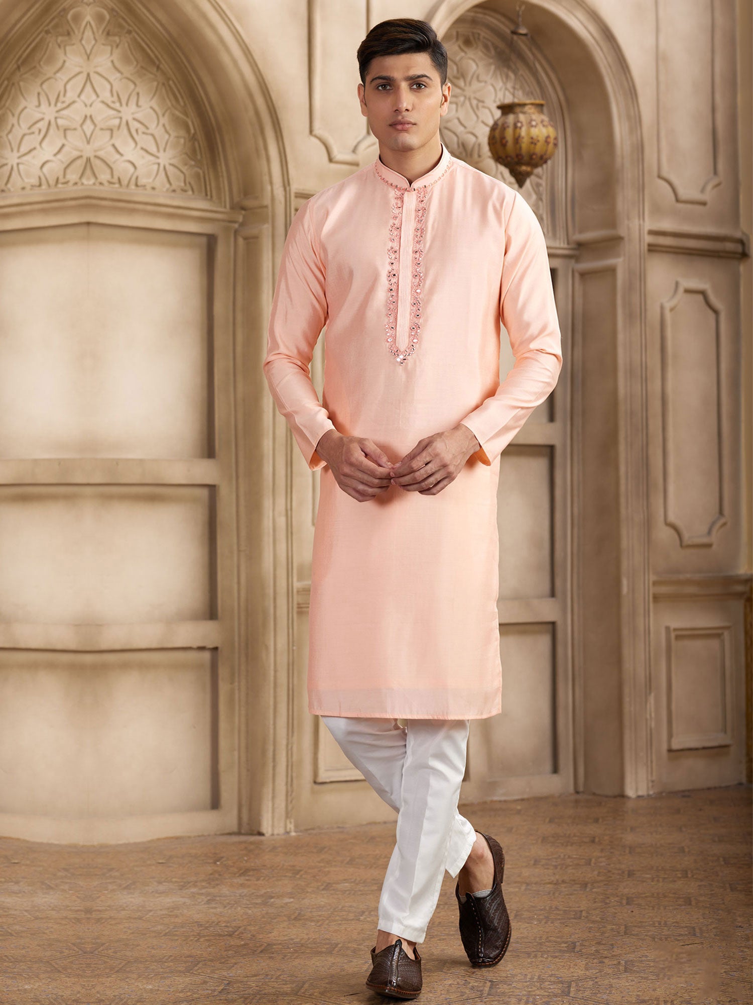 Peach Mirror Embroidered Readymade Kurta Set