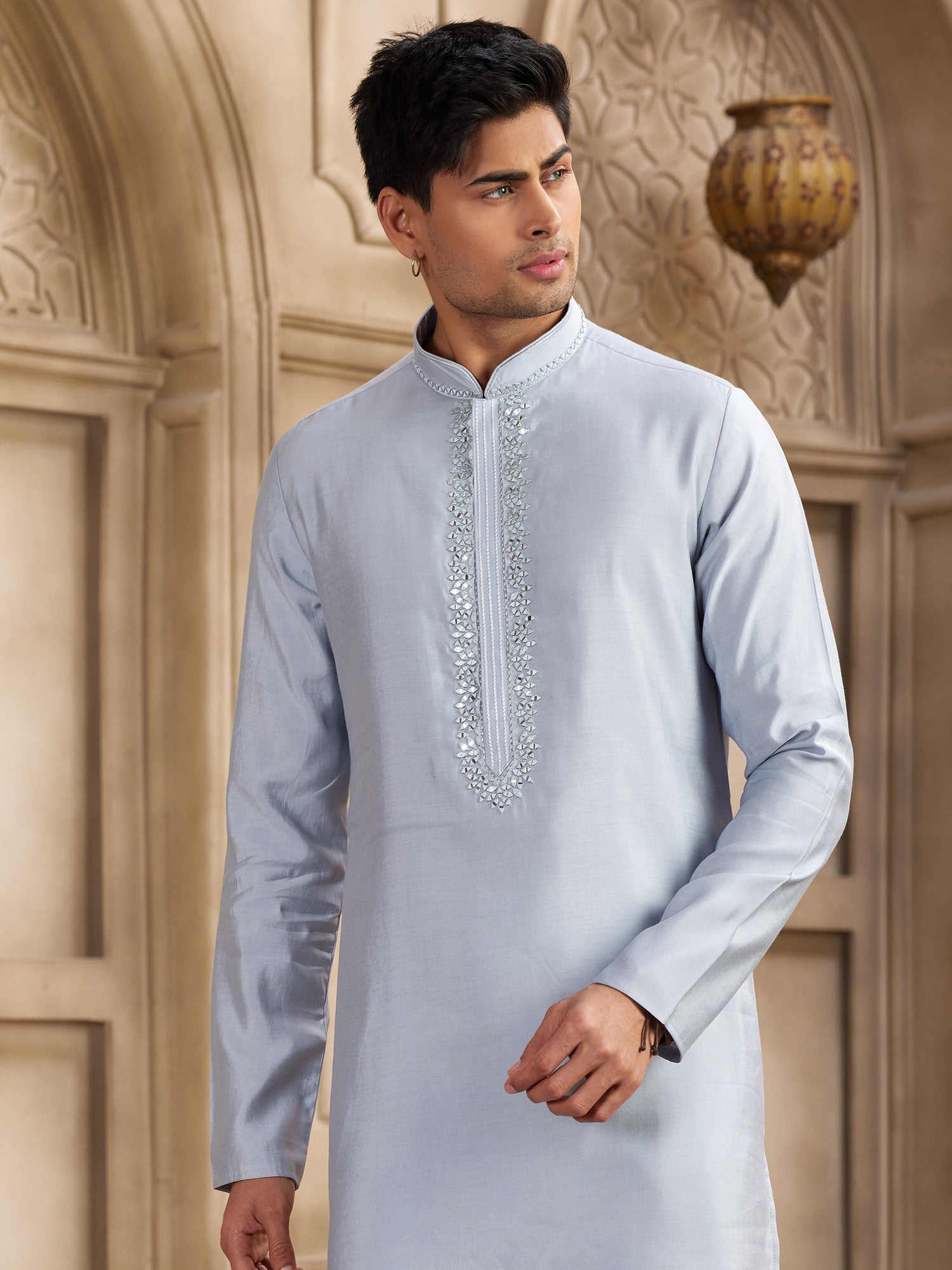 Steel Blue Art Silk Casual Kurta Pyjama