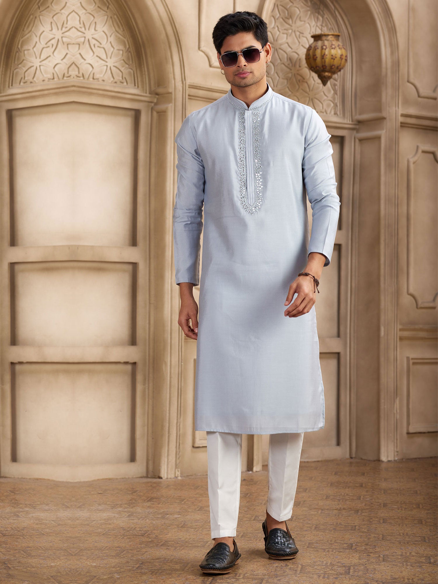 Steel Blue Art Silk Casual Kurta Pyjama