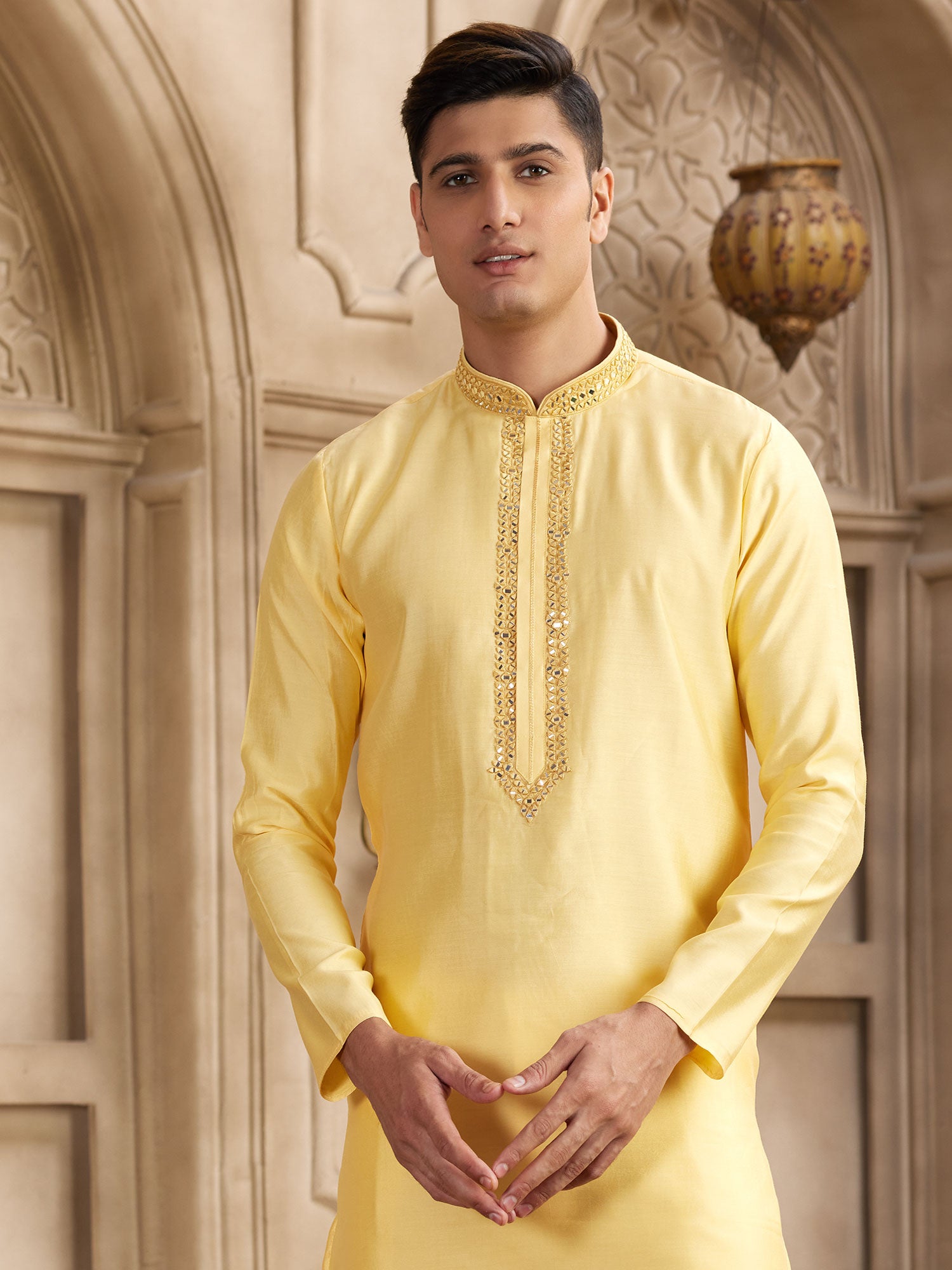 Yellow Readymade Kurta Set In Mirror Work