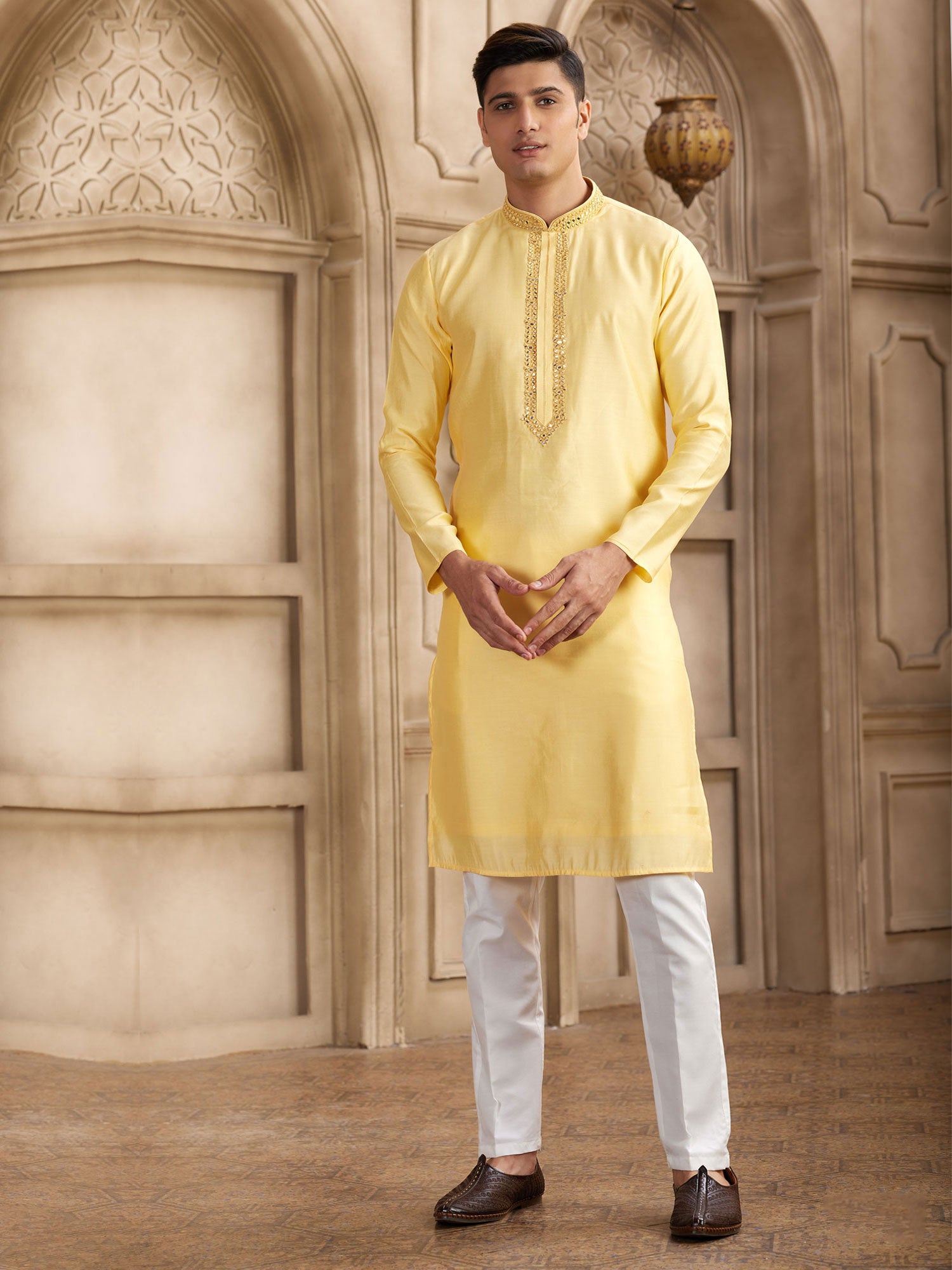 Yellow Readymade Kurta Set In Mirror Work