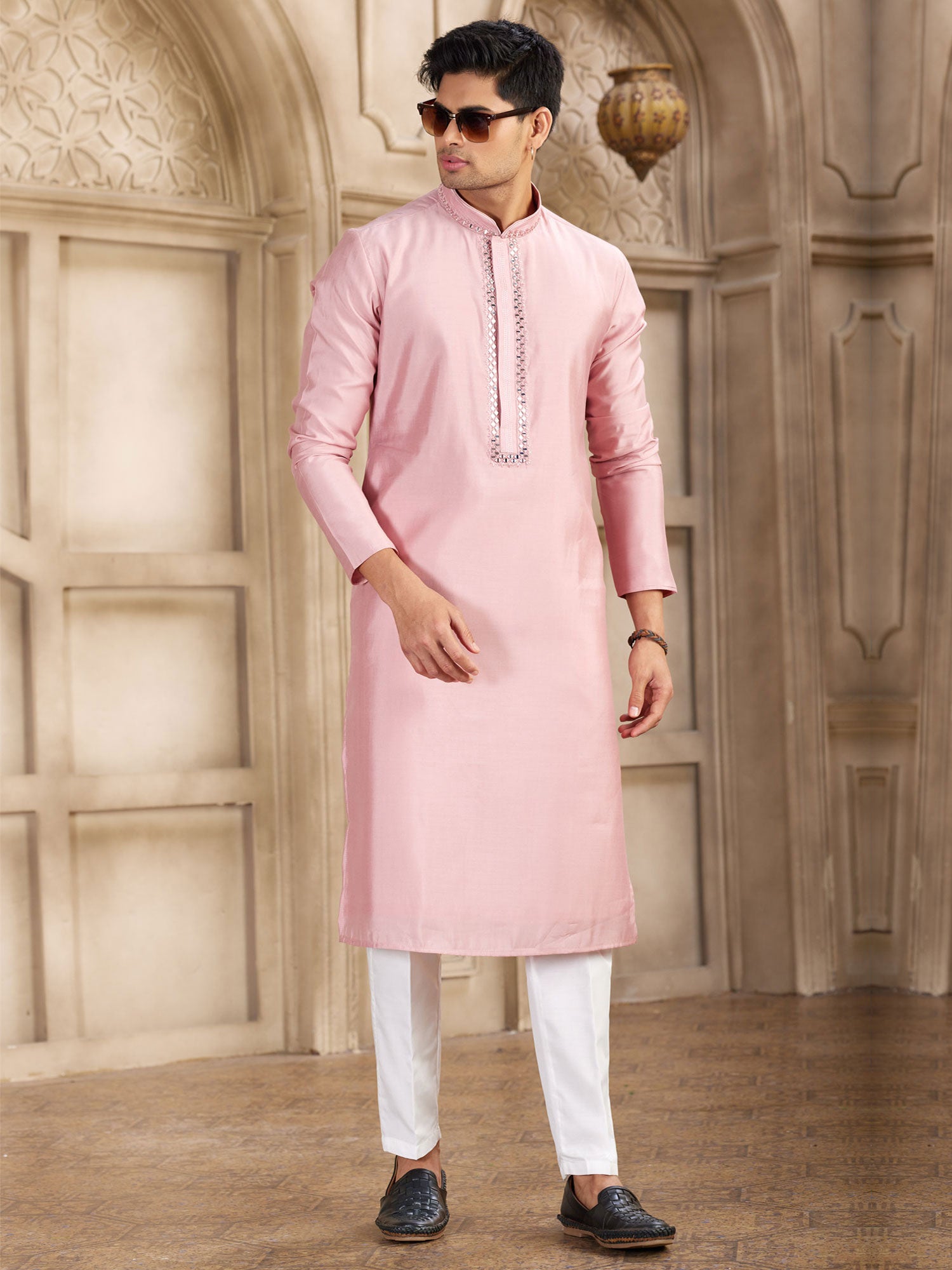 Pink Festive Wear Silk Kurta Pyjama For Mens
