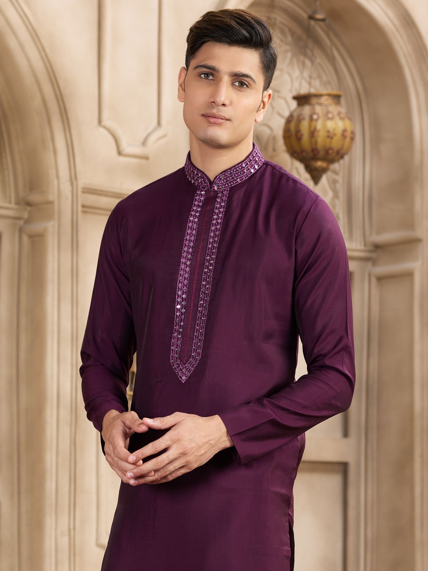 Wine Mirror Embellished Readymade Kurta Set