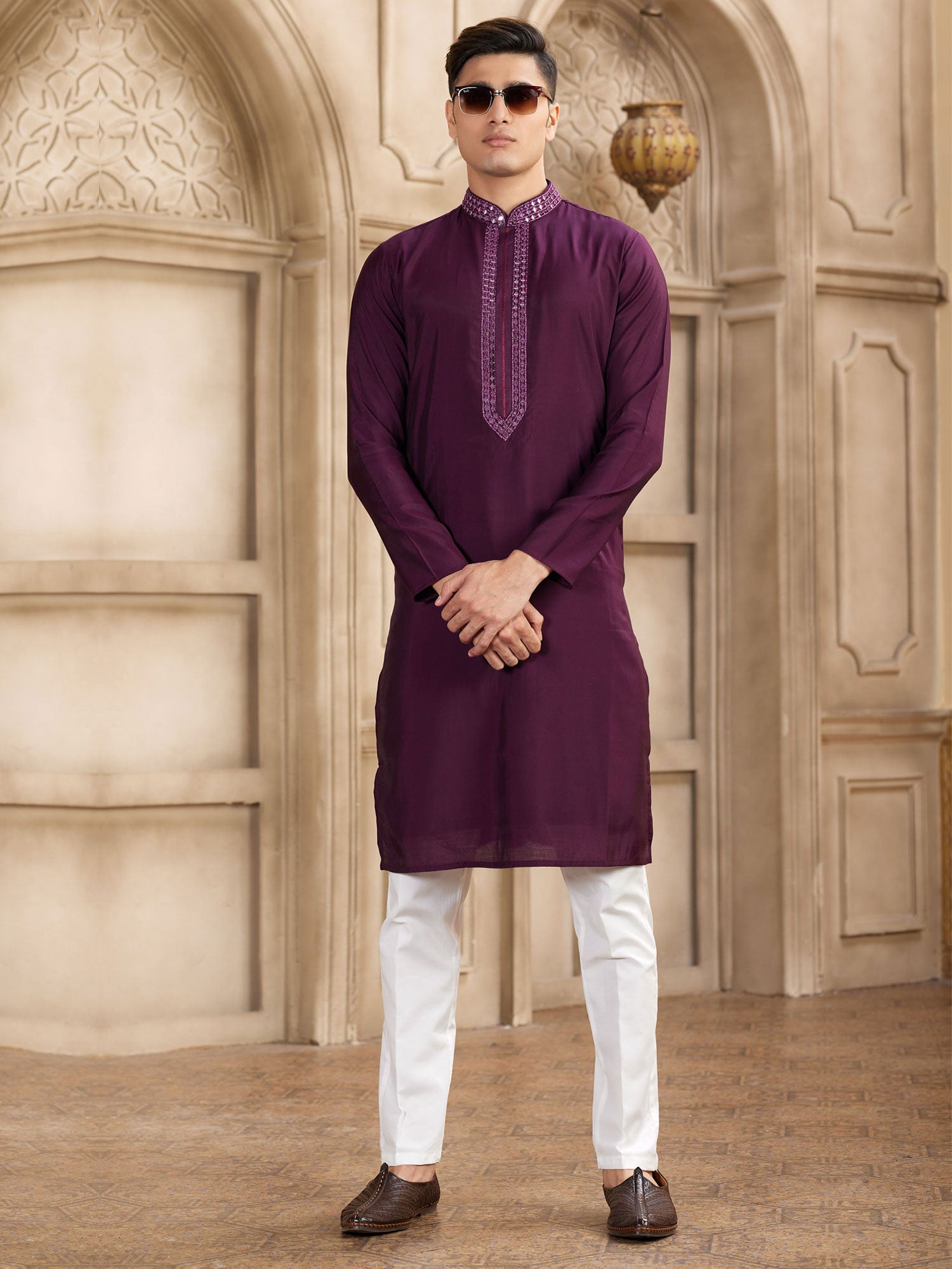 Wine Mirror Embellished Readymade Kurta Set