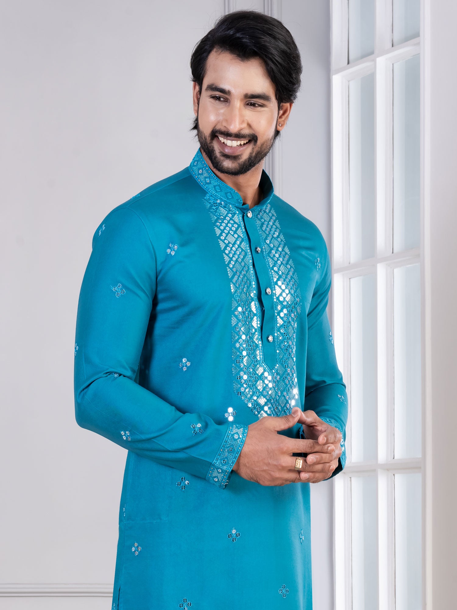 Blue Readymade Cotton Kurta Pyjama Set