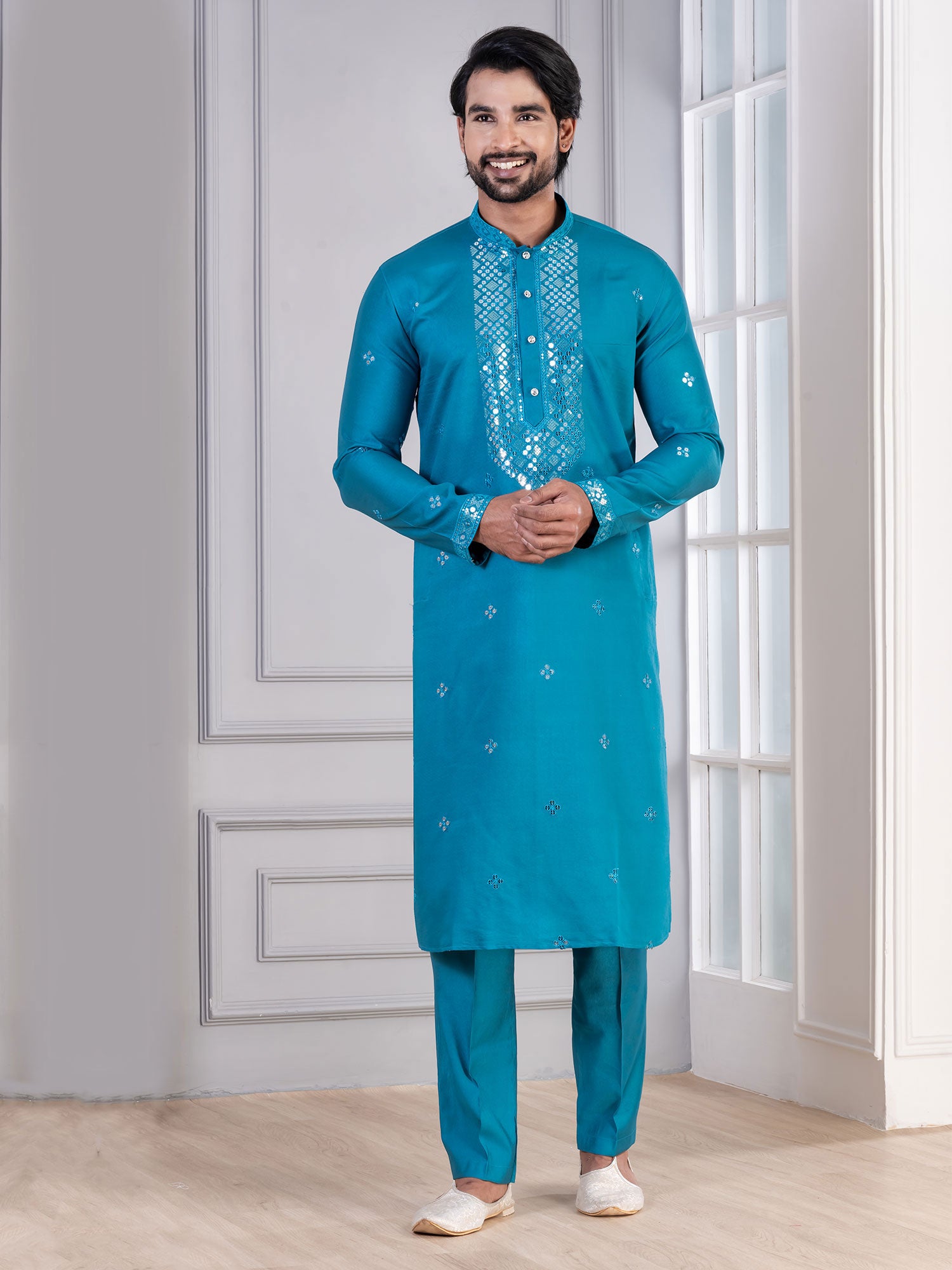 Blue Readymade Cotton Kurta Pyjama Set