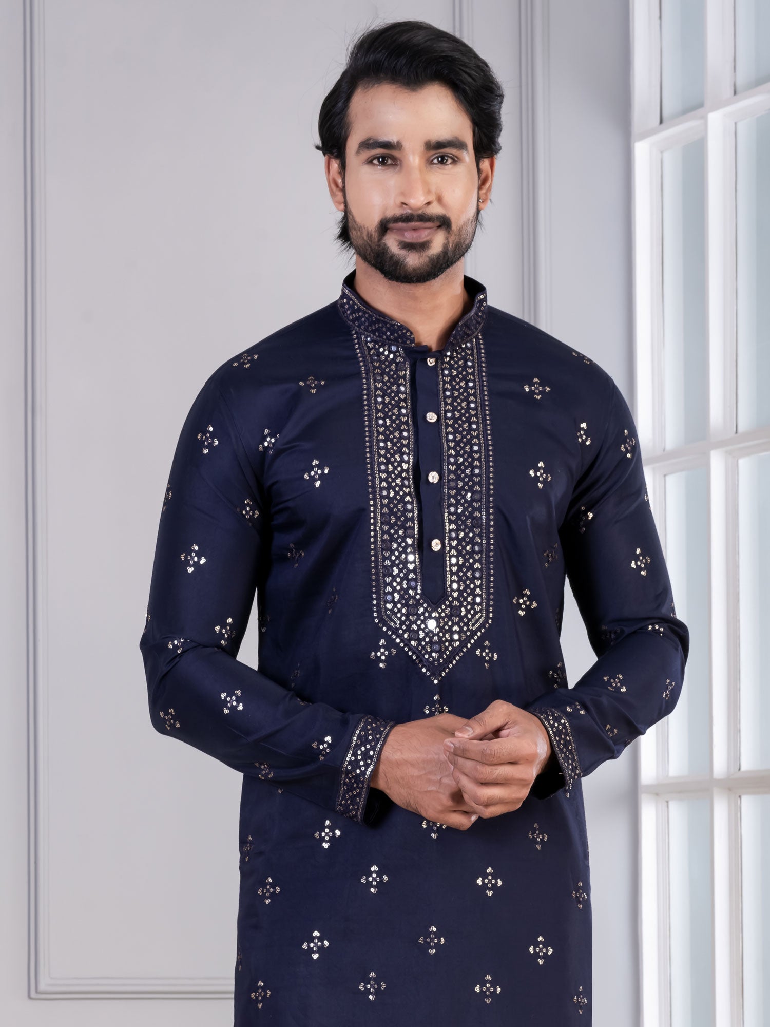 Navy Blue Festive Kurta Set In Cotton
