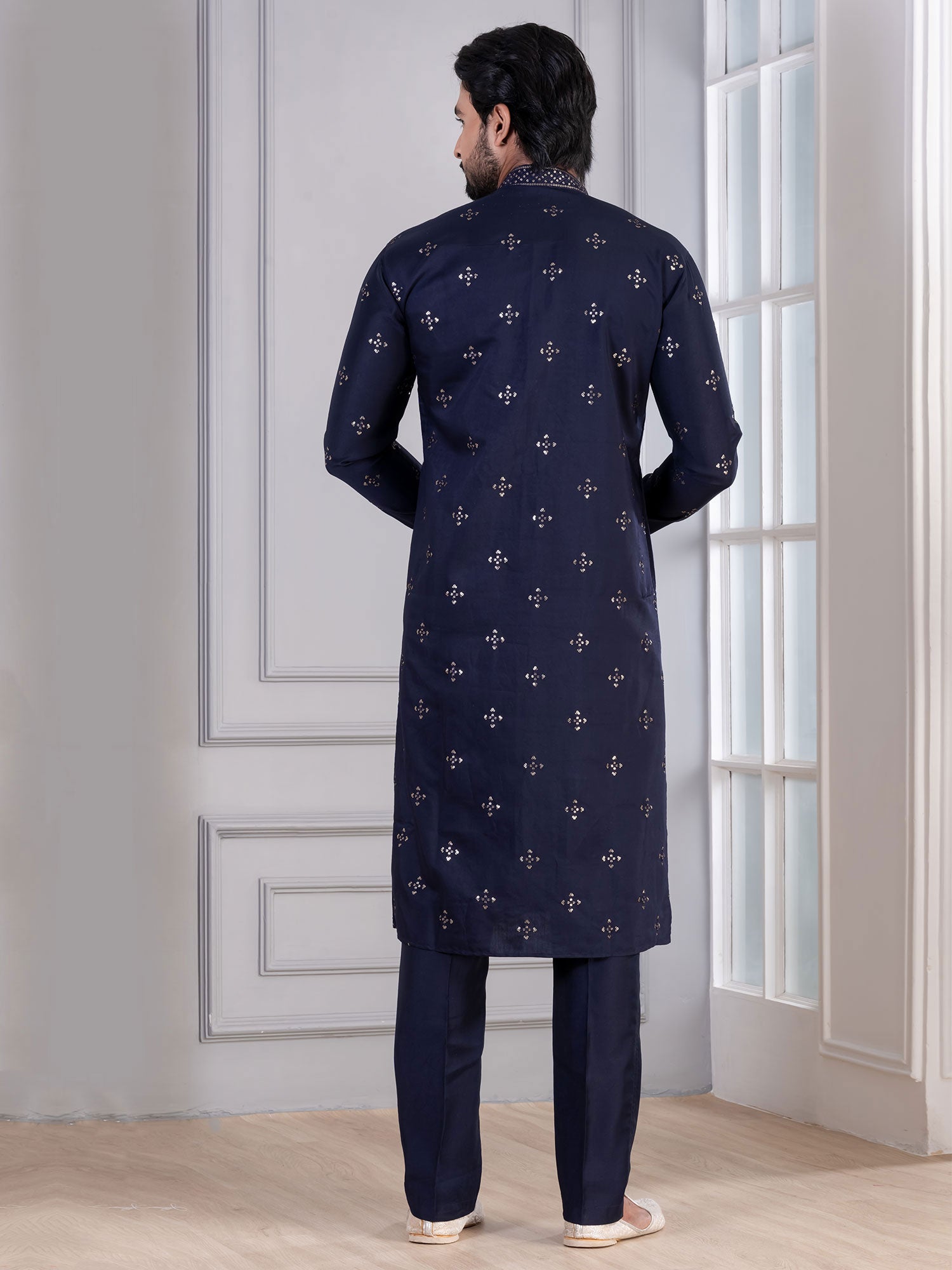 Navy Blue Festive Kurta Set In Cotton