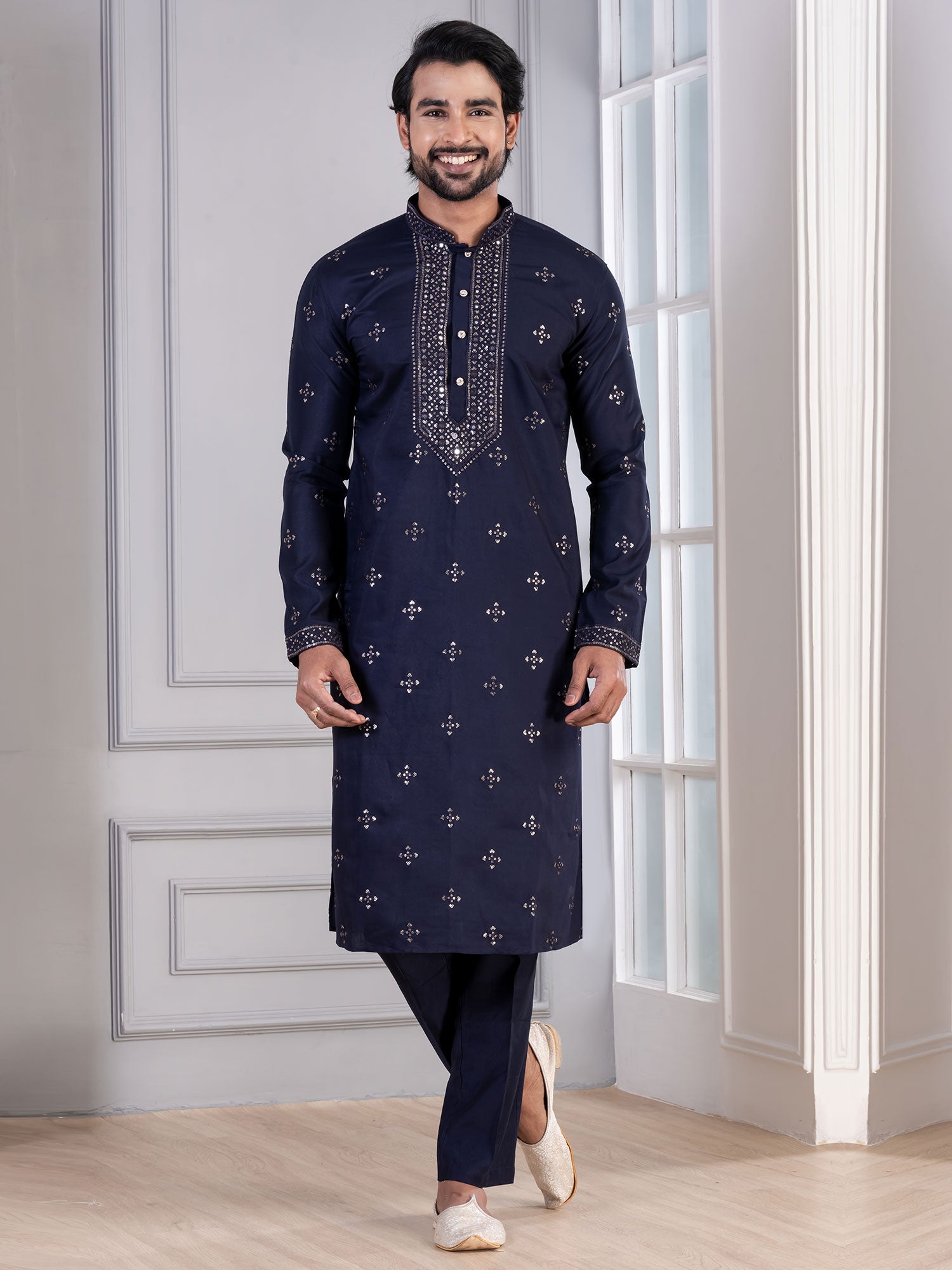 Navy Blue Festive Kurta Set In Cotton