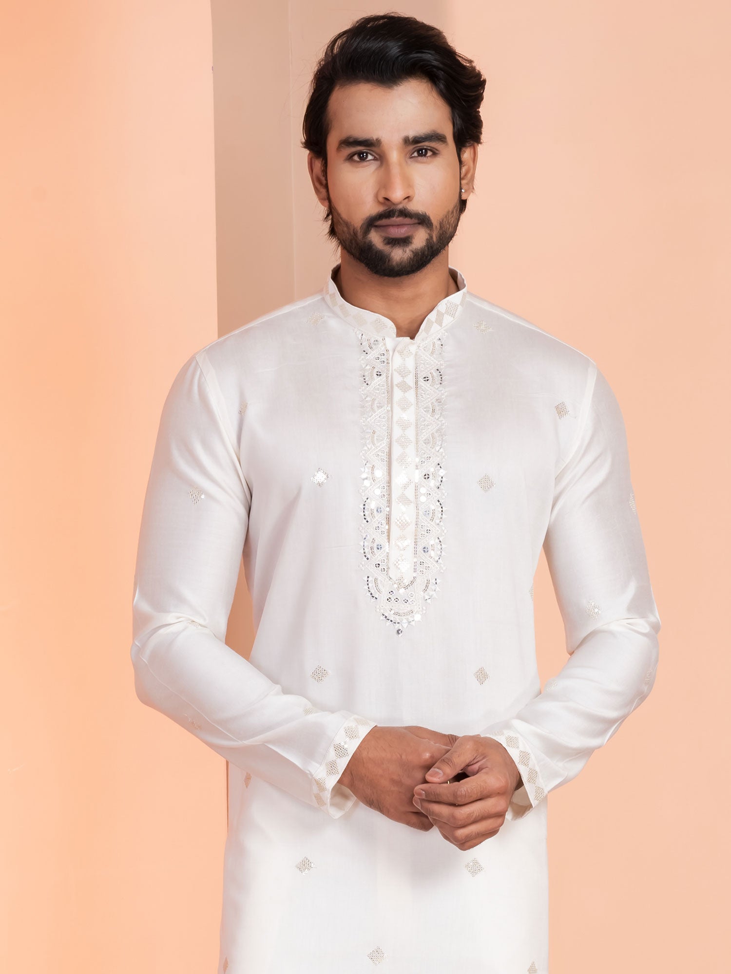 White Embroidered Readymade Men's Kurta Set