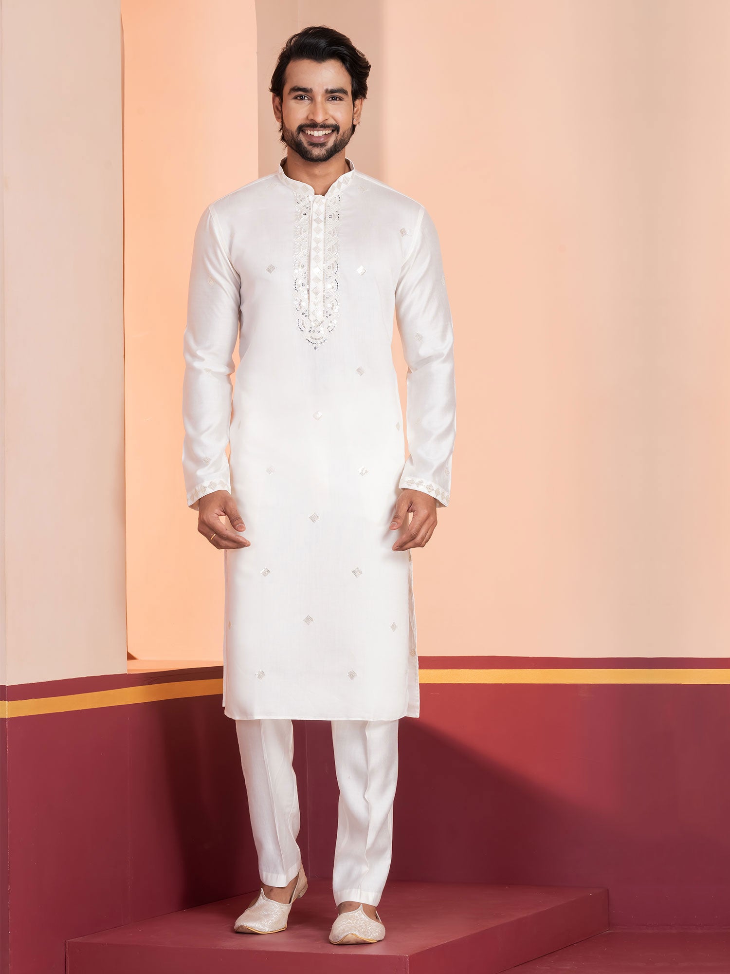 White Embroidered Readymade Men's Kurta Set