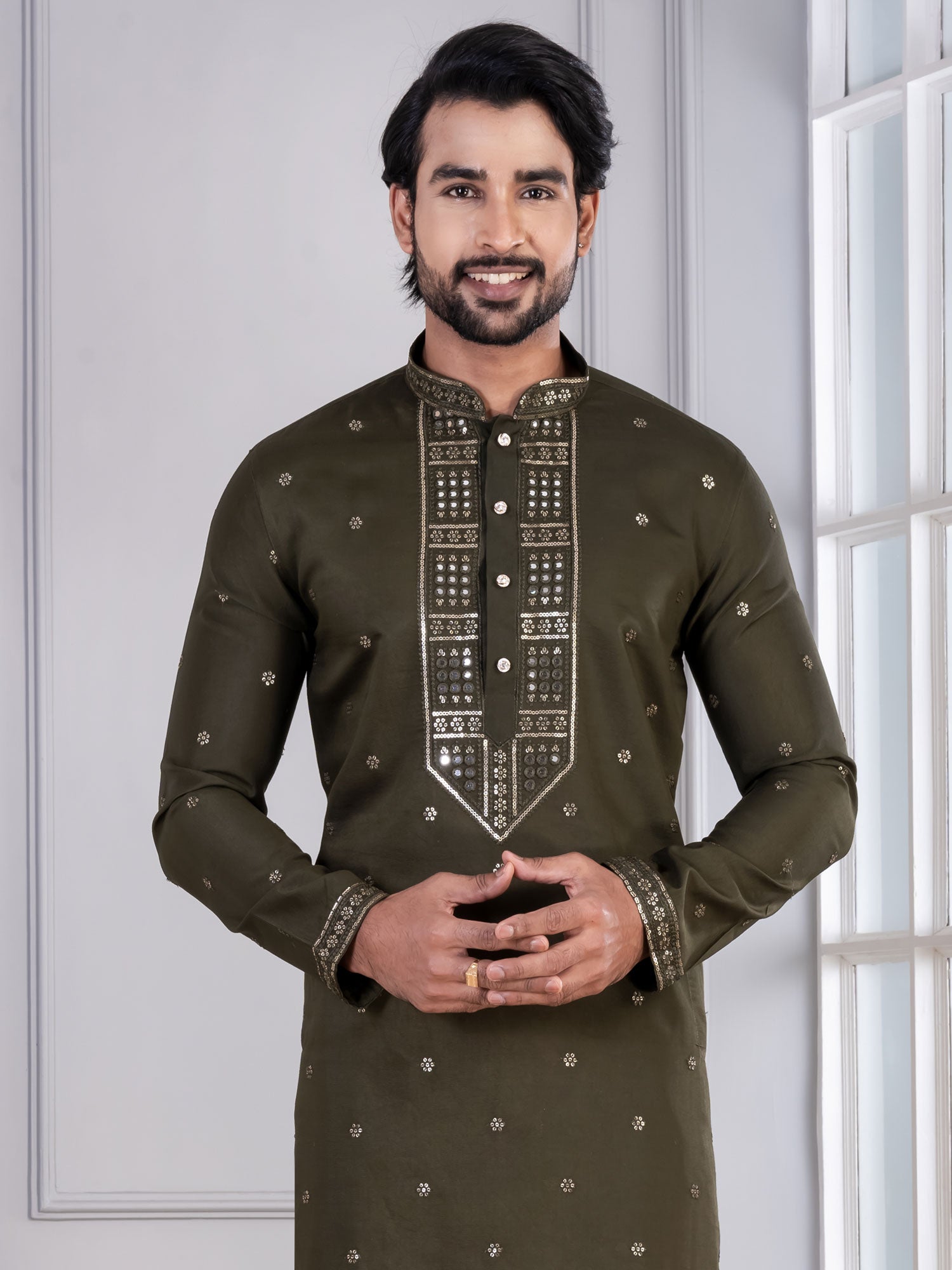 Mehndi Green Cotton Kurta Set For Mens