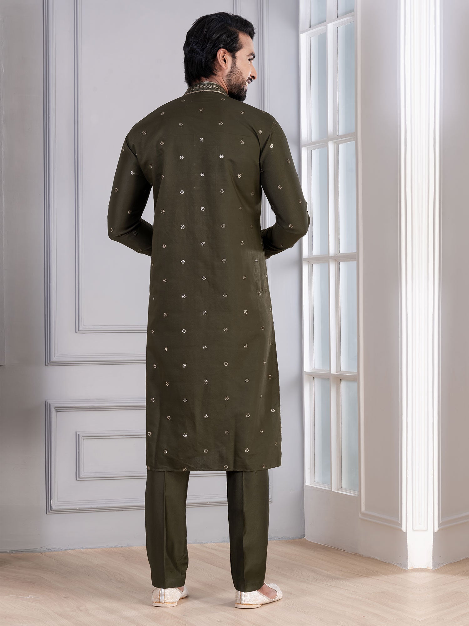 Mehndi Green Cotton Kurta Set For Mens