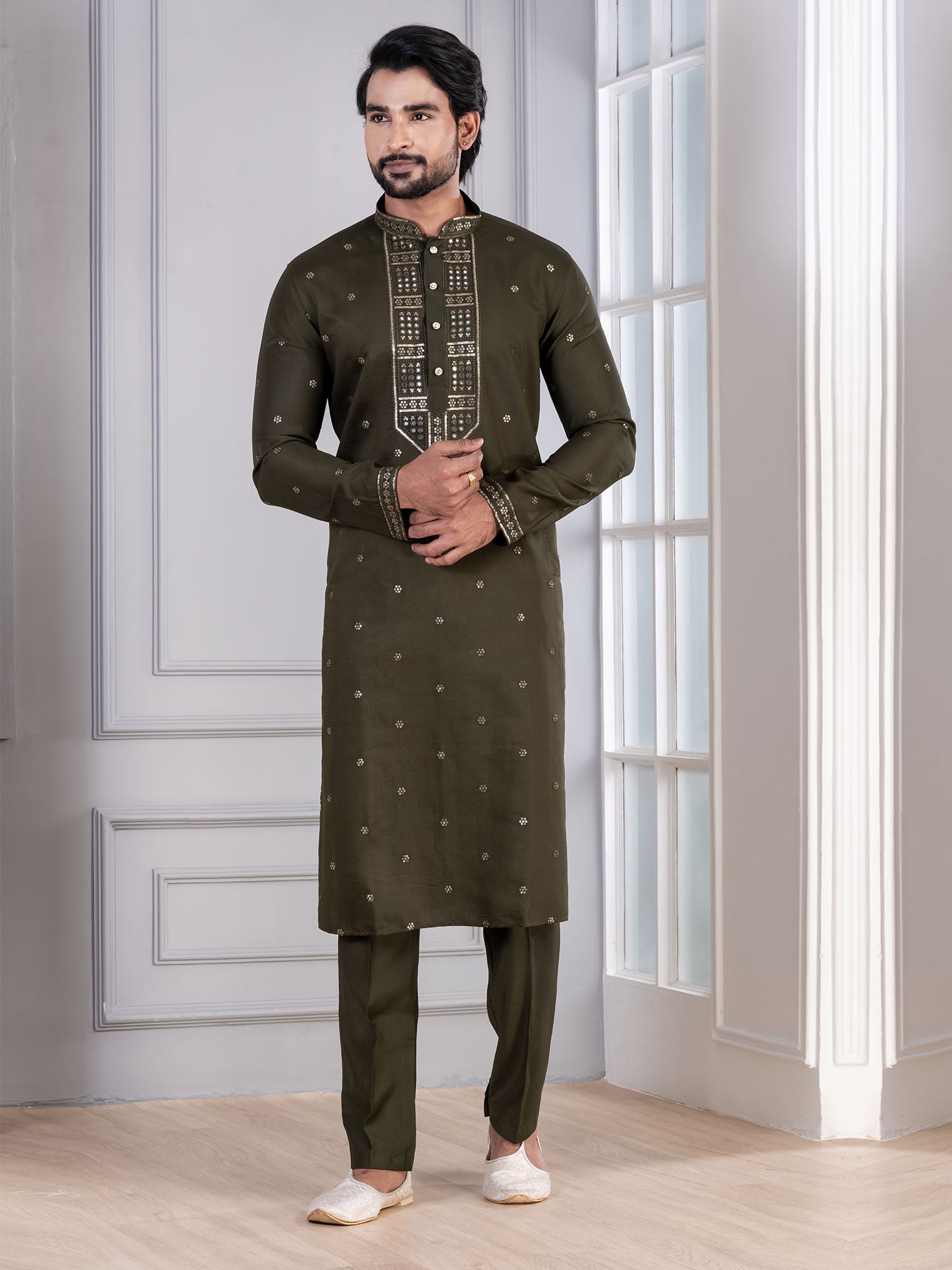 Mehndi Green Cotton Kurta Set For Mens