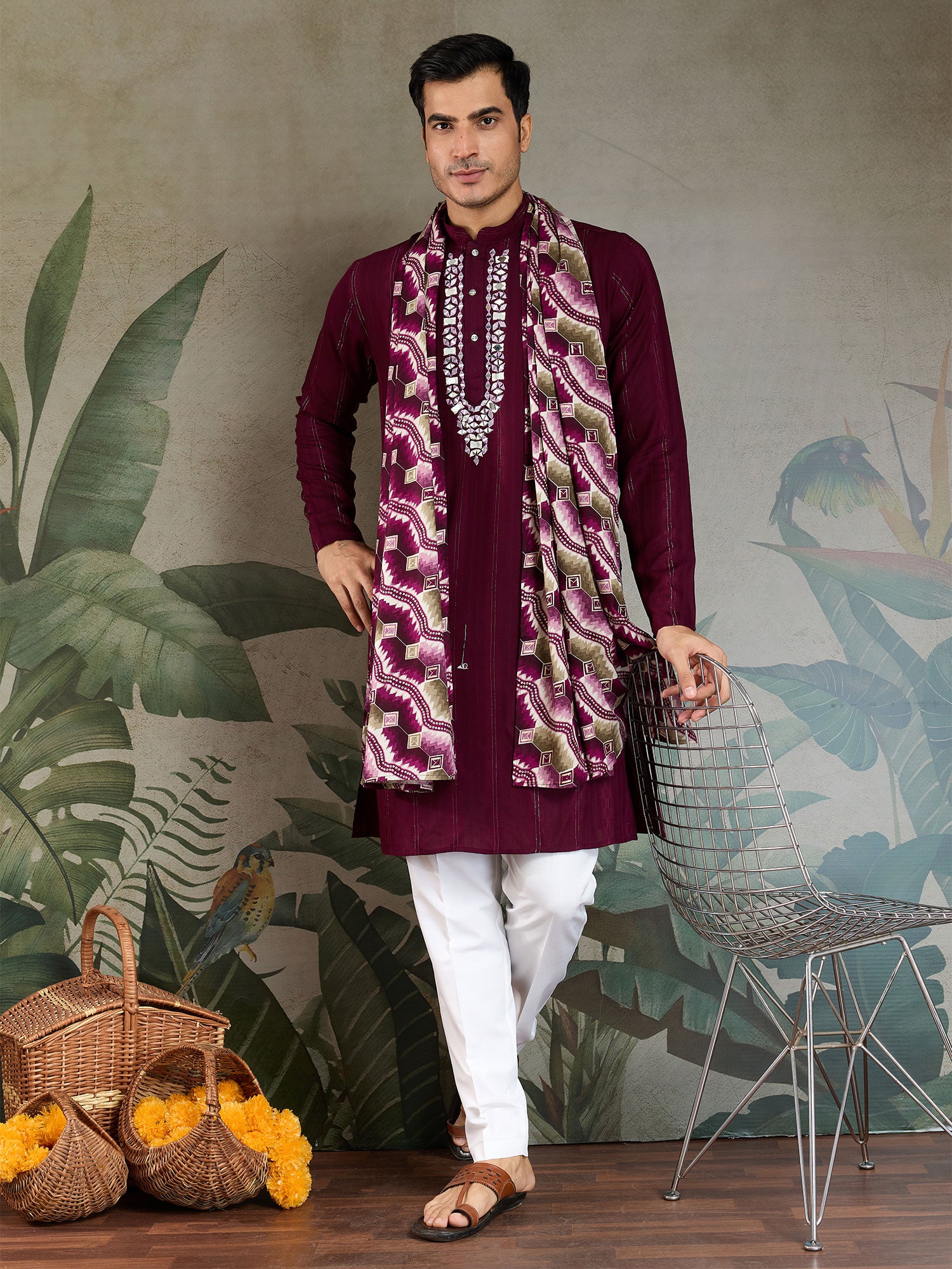 Wine Mirror Enhanced Readymade Men's Kurta Set