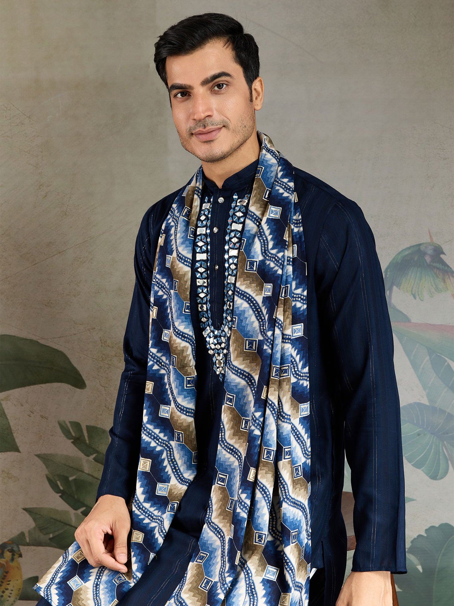 Navy Blue Navratri Kurta Pyjama With Dupatta In Print