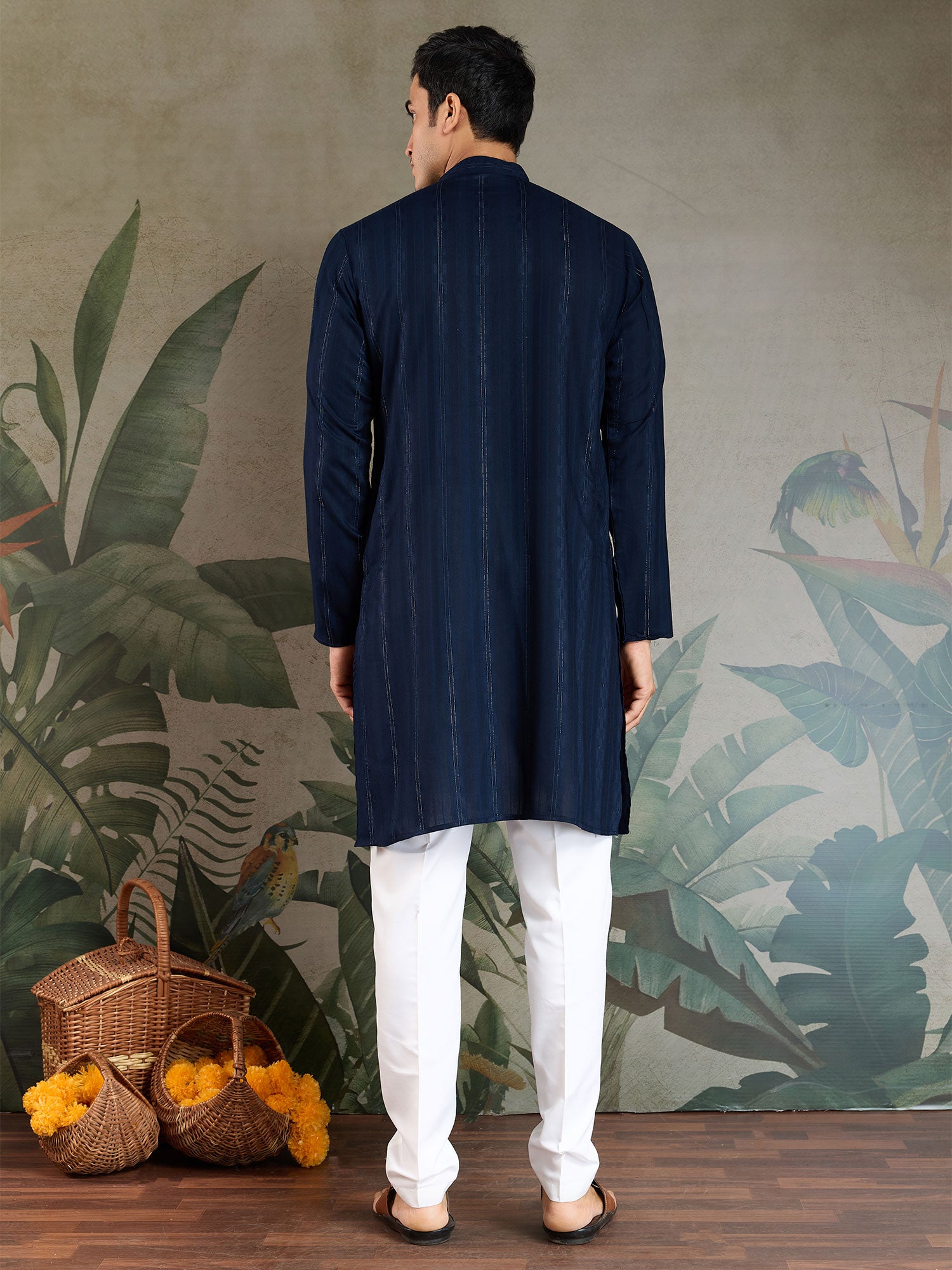 Navy Blue Navratri Kurta Pyjama With Dupatta In Print