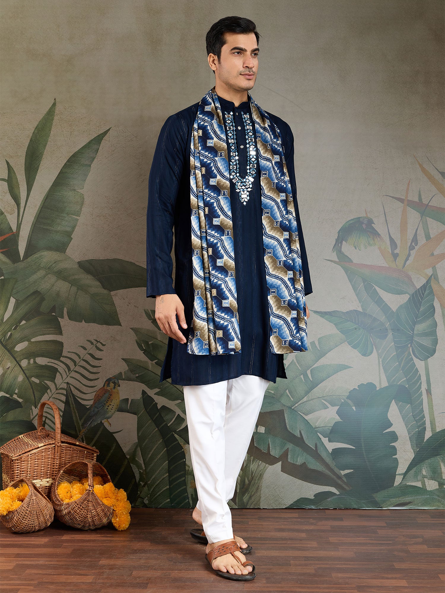 Navy Blue Navratri Kurta Pyjama With Dupatta In Print