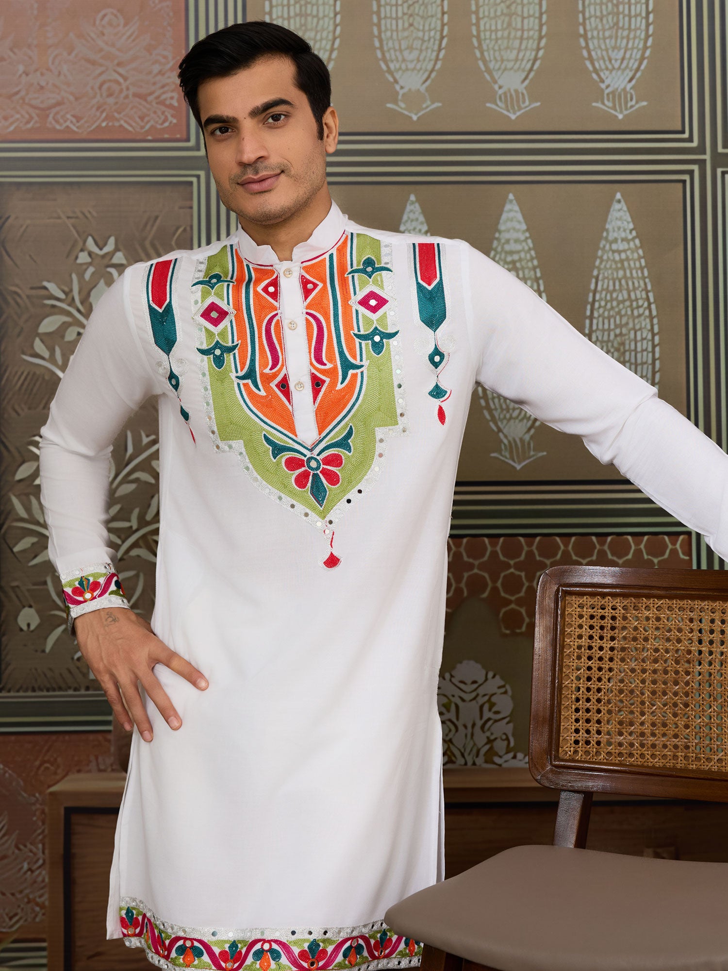 White Navratri Kurta Pyjama In Pure Cotton