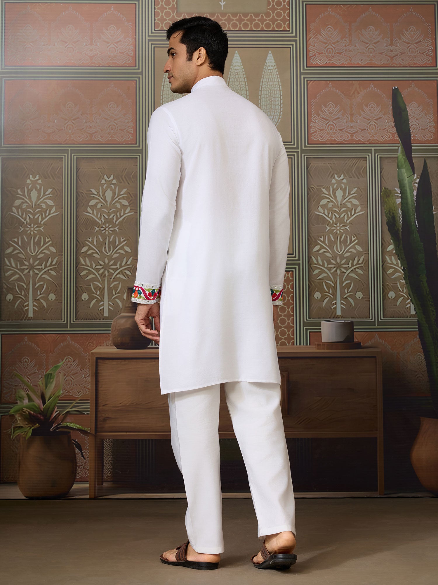 White Navratri Kurta Pyjama In Pure Cotton