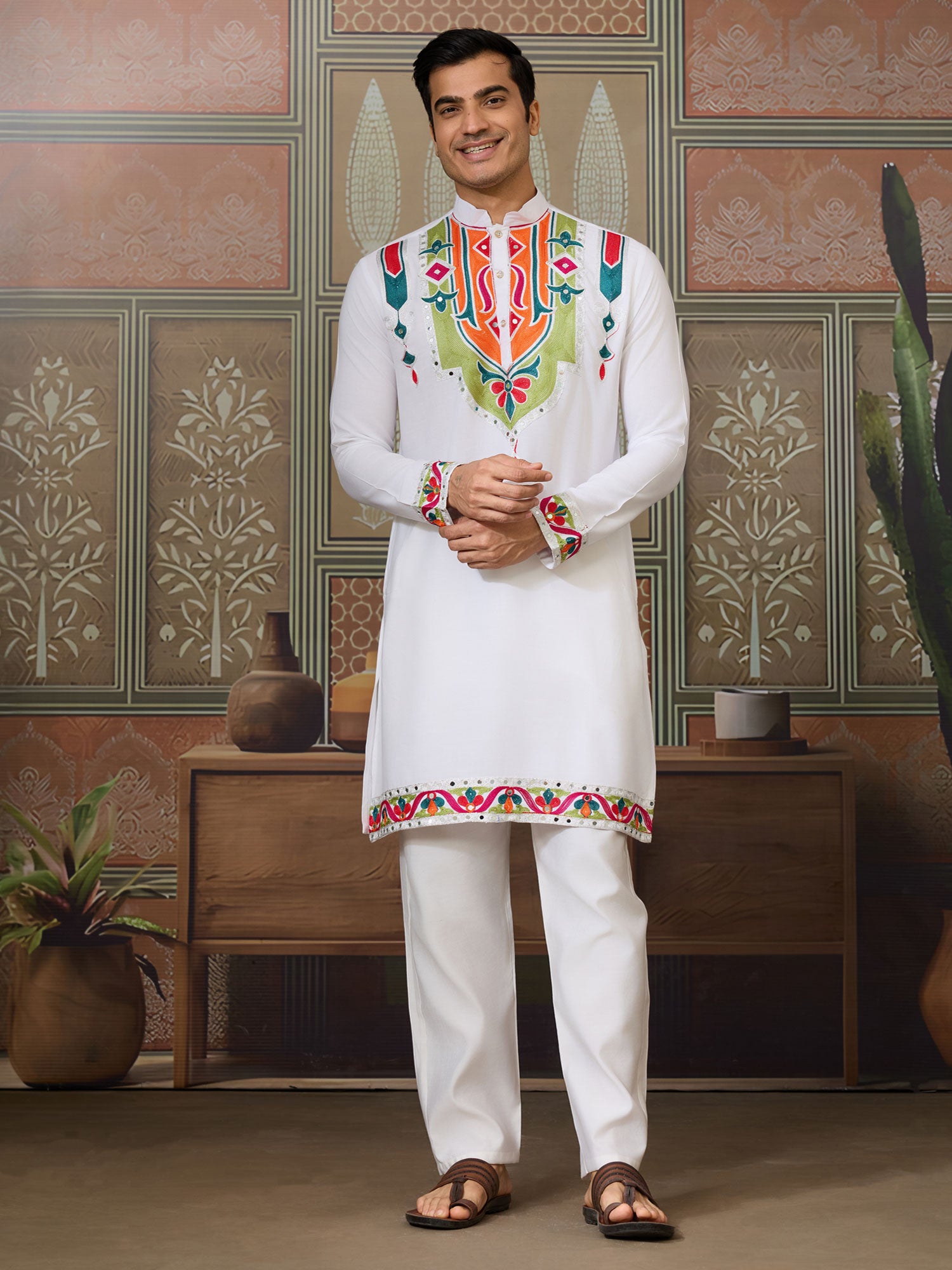 White Navratri Kurta Pyjama In Pure Cotton