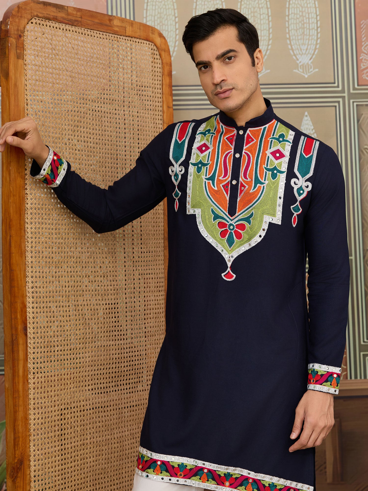 Navy Blue Embroidered Cotton Kurta Set