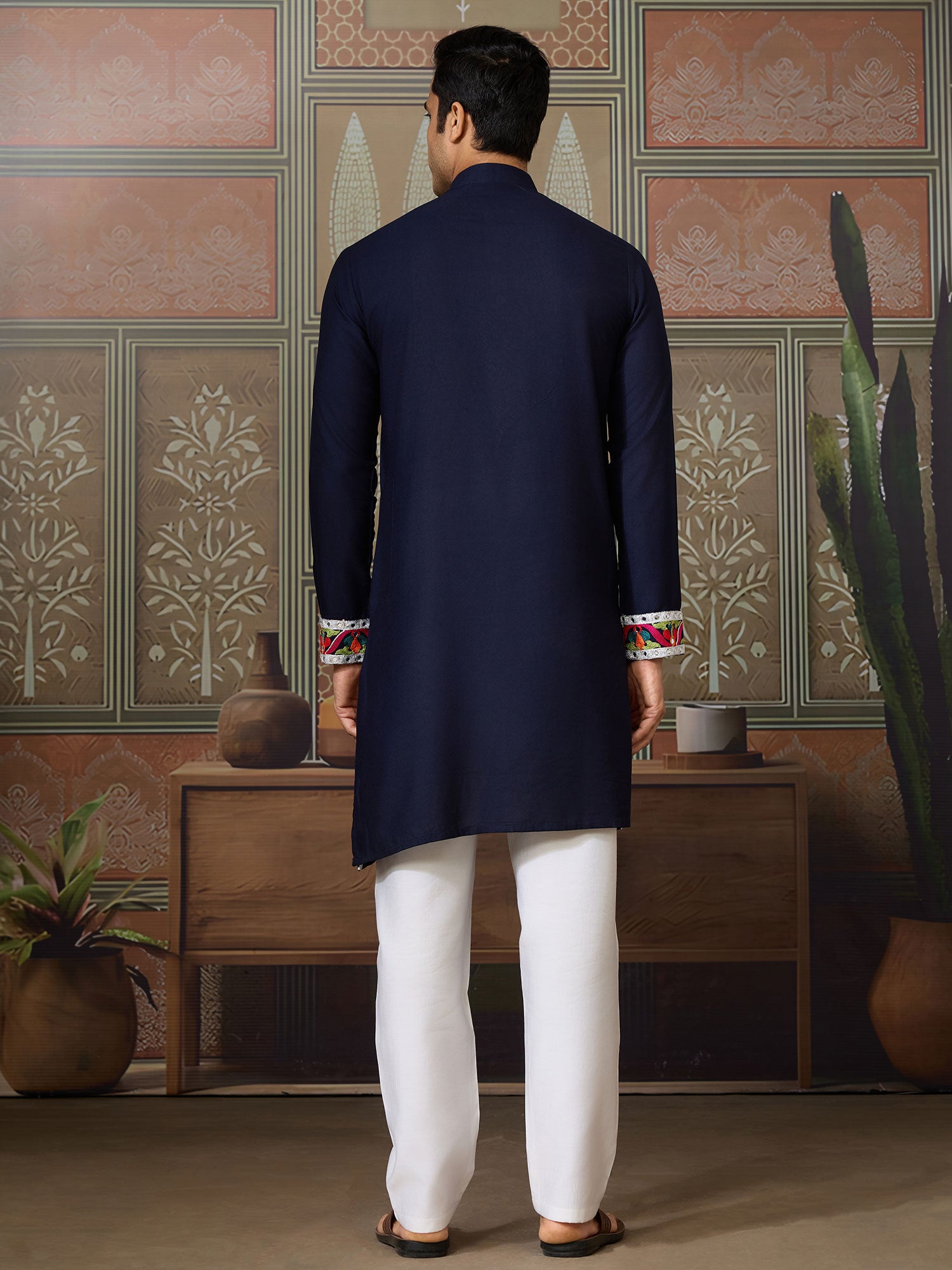 Navy Blue Embroidered Cotton Kurta Set