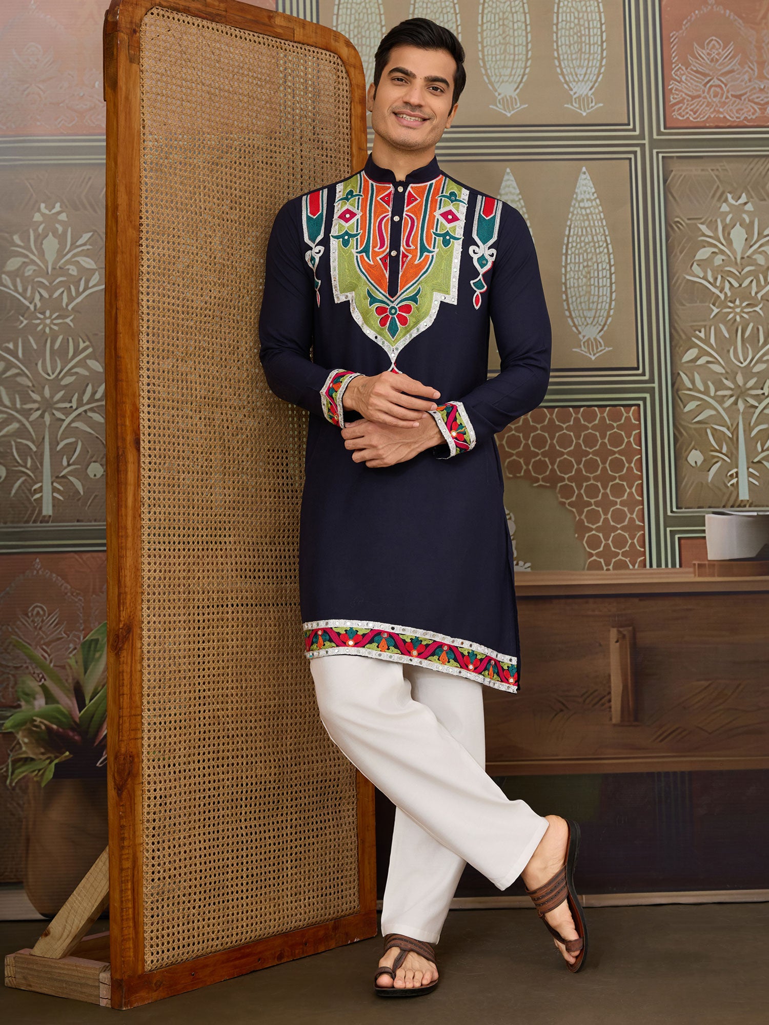 Navy Blue Embroidered Cotton Kurta Set