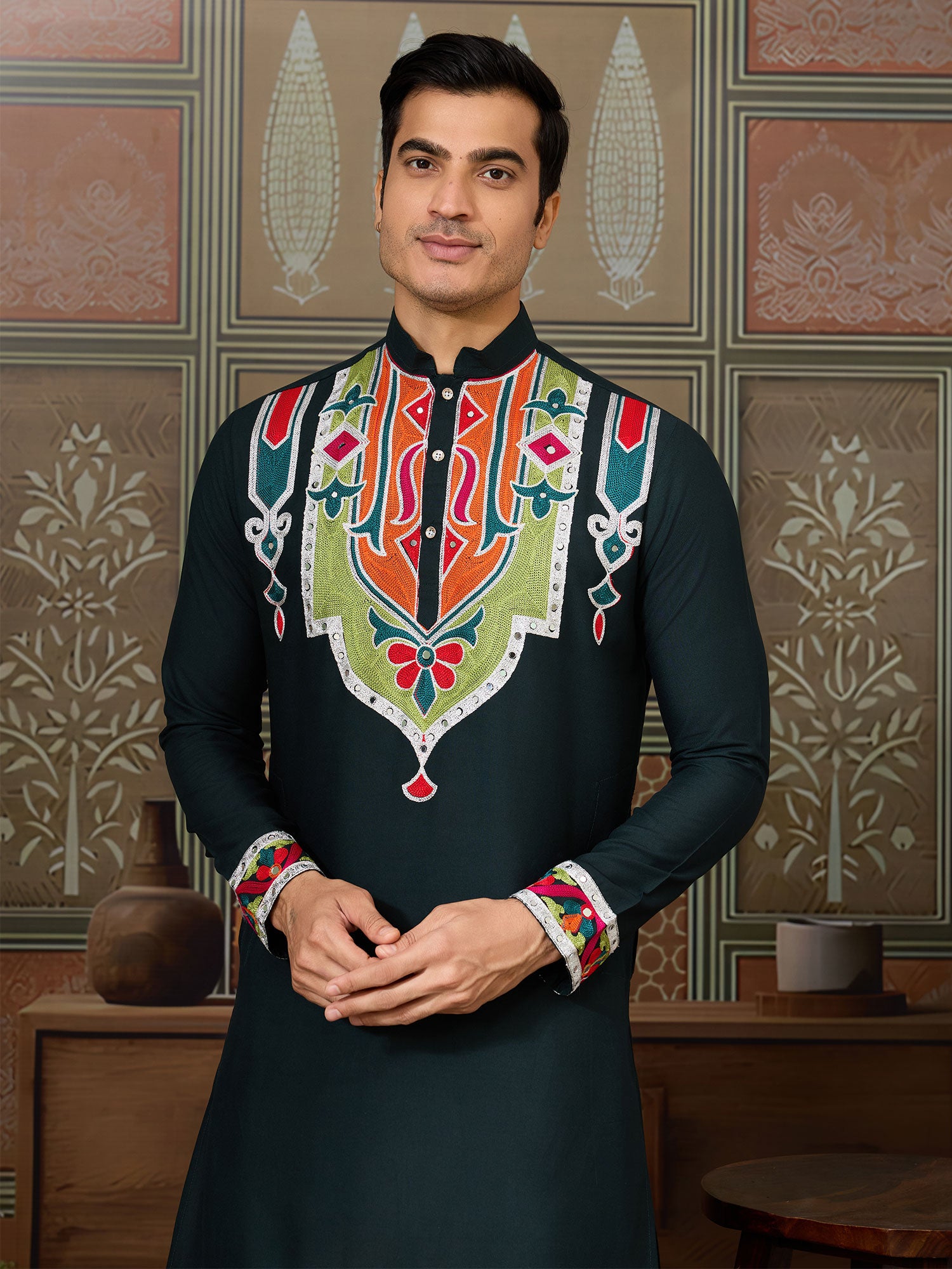 Green Floral Thread Work Navratri Kurta Pyjama