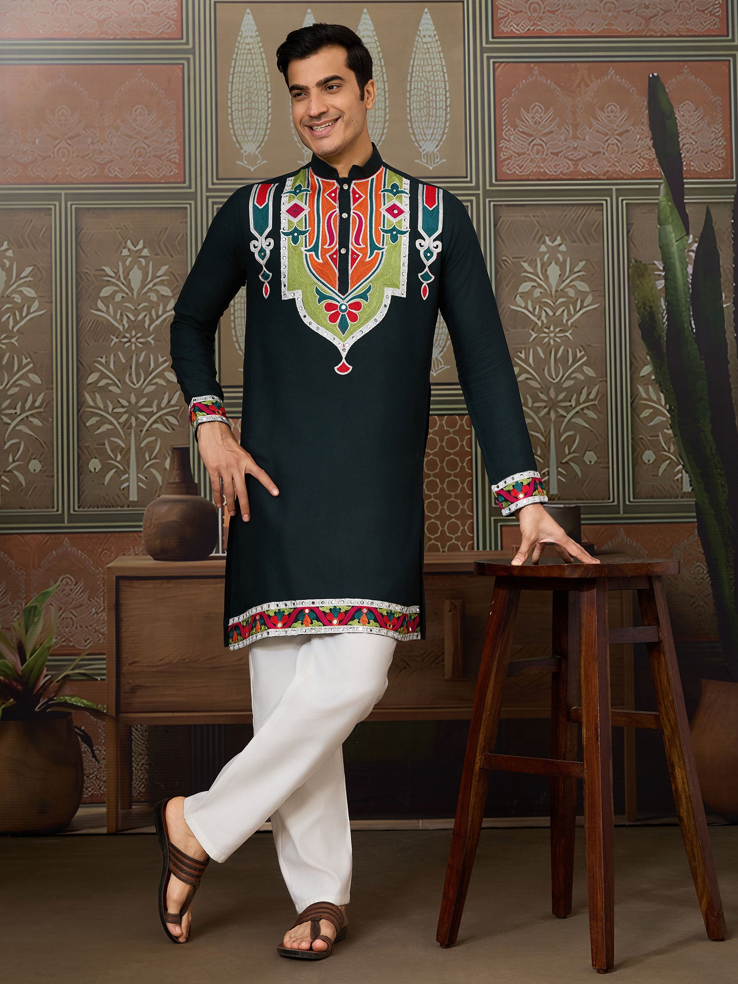 Green Floral Thread Work Navratri Kurta Pyjama