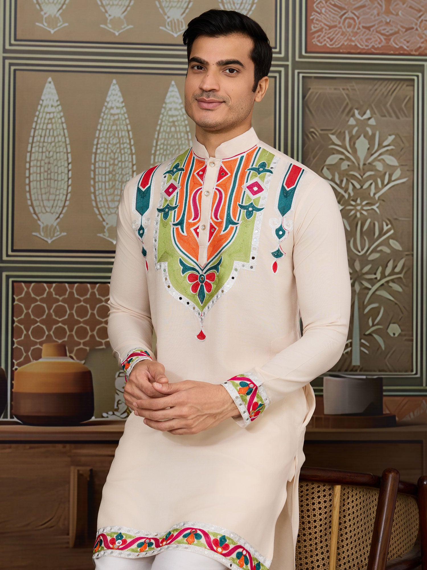 Cream Cotton Navratri Kurta Set In Mirror Work