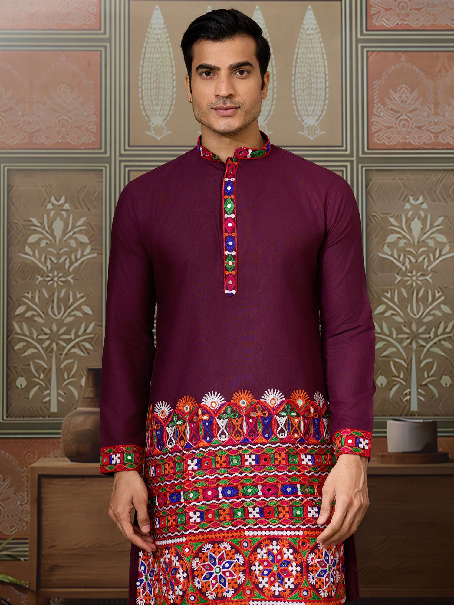 Wine Menswear Festive Kurta Set In Cotton Silk