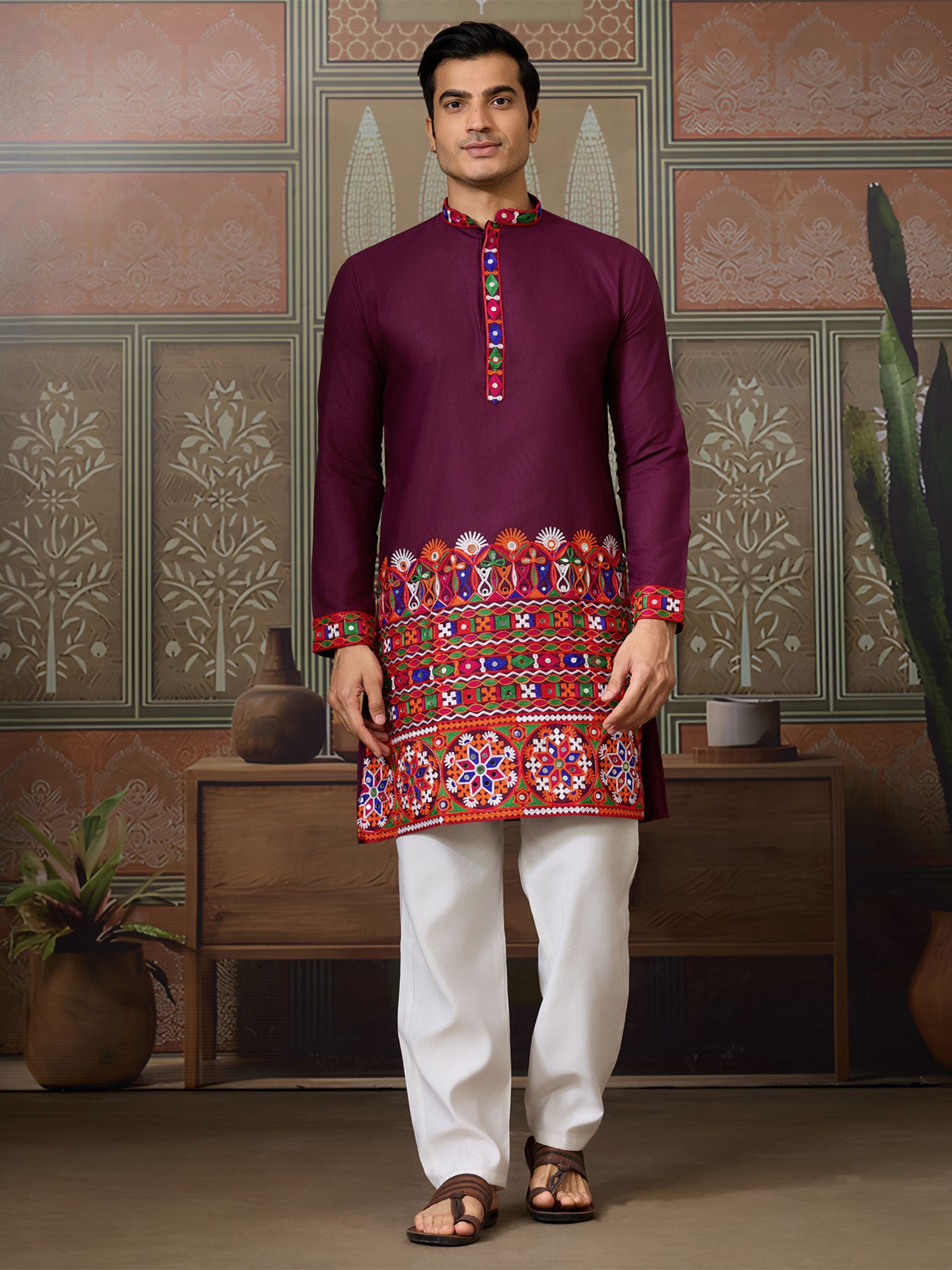 Wine Menswear Festive Kurta Set In Cotton Silk