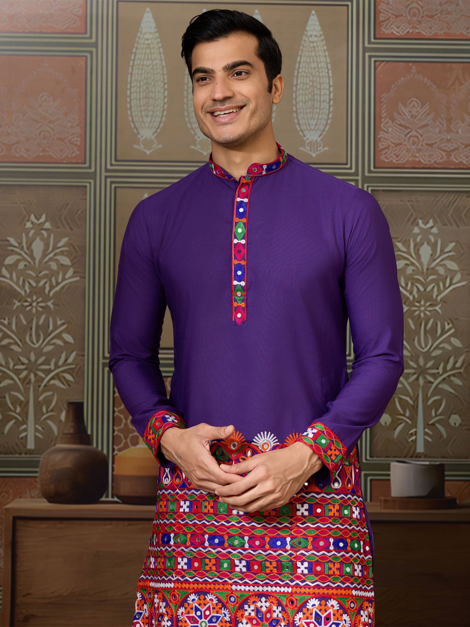 Purple Embroidered Navratri Kurta Set For Mens