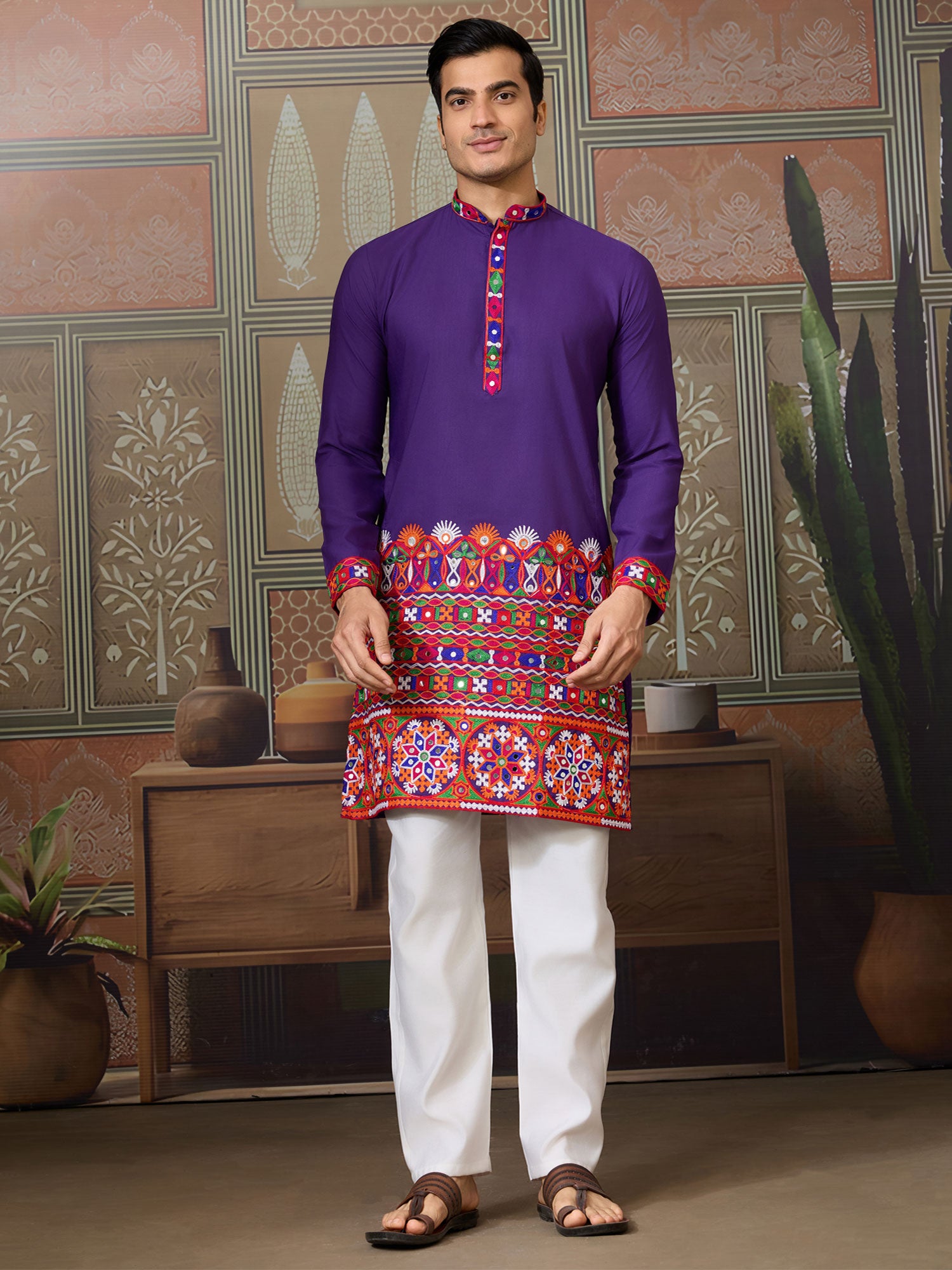 Purple Embroidered Navratri Kurta Set For Mens