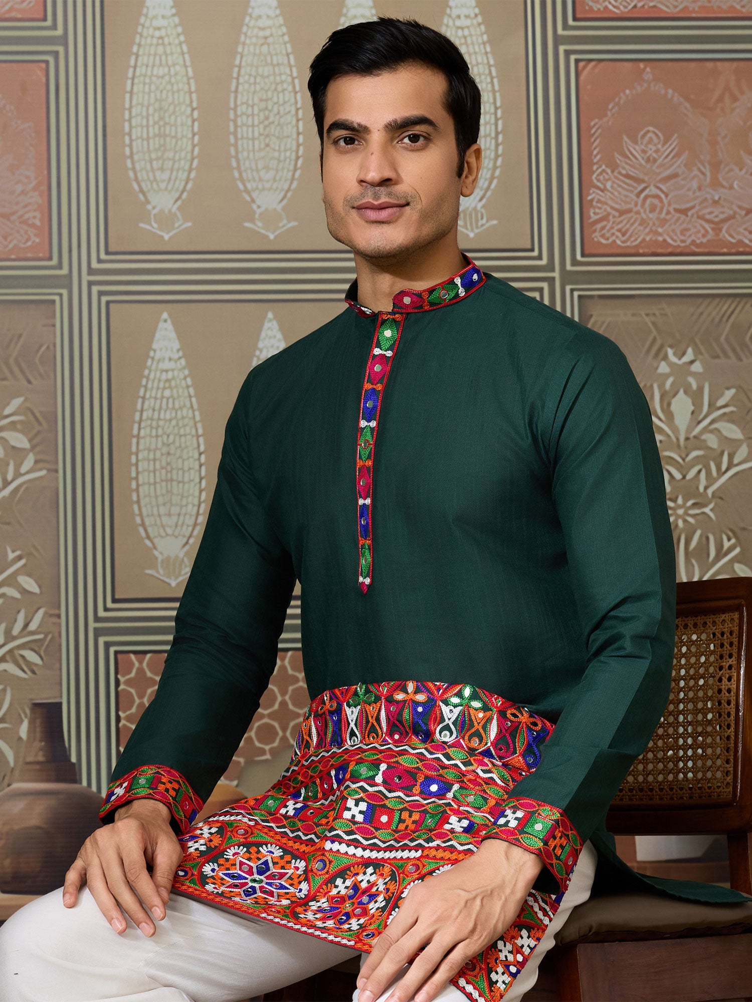 Dark Green Mirror Embellished Men's Kurta Pyjama