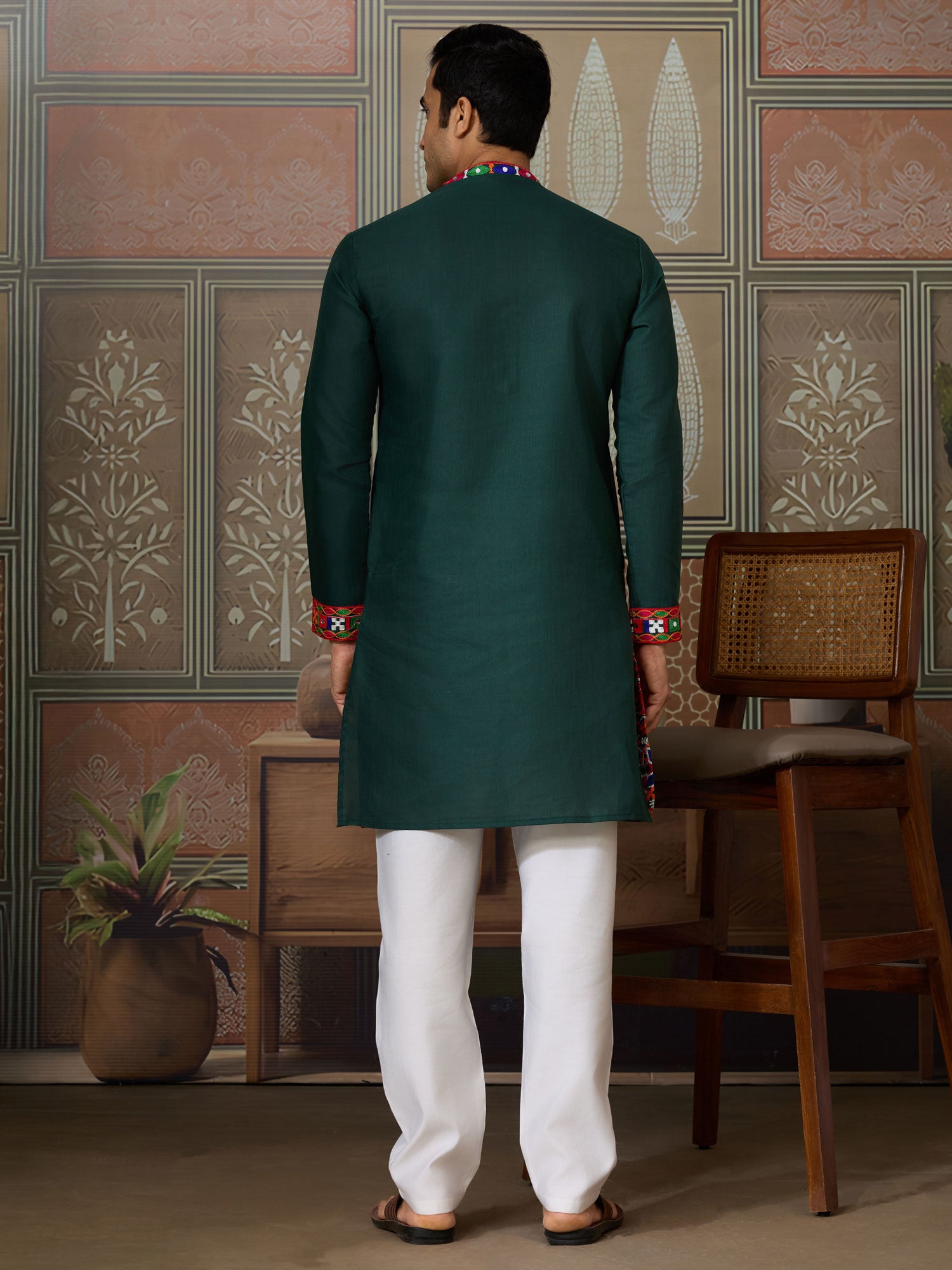 Dark Green Mirror Embellished Men's Kurta Pyjama