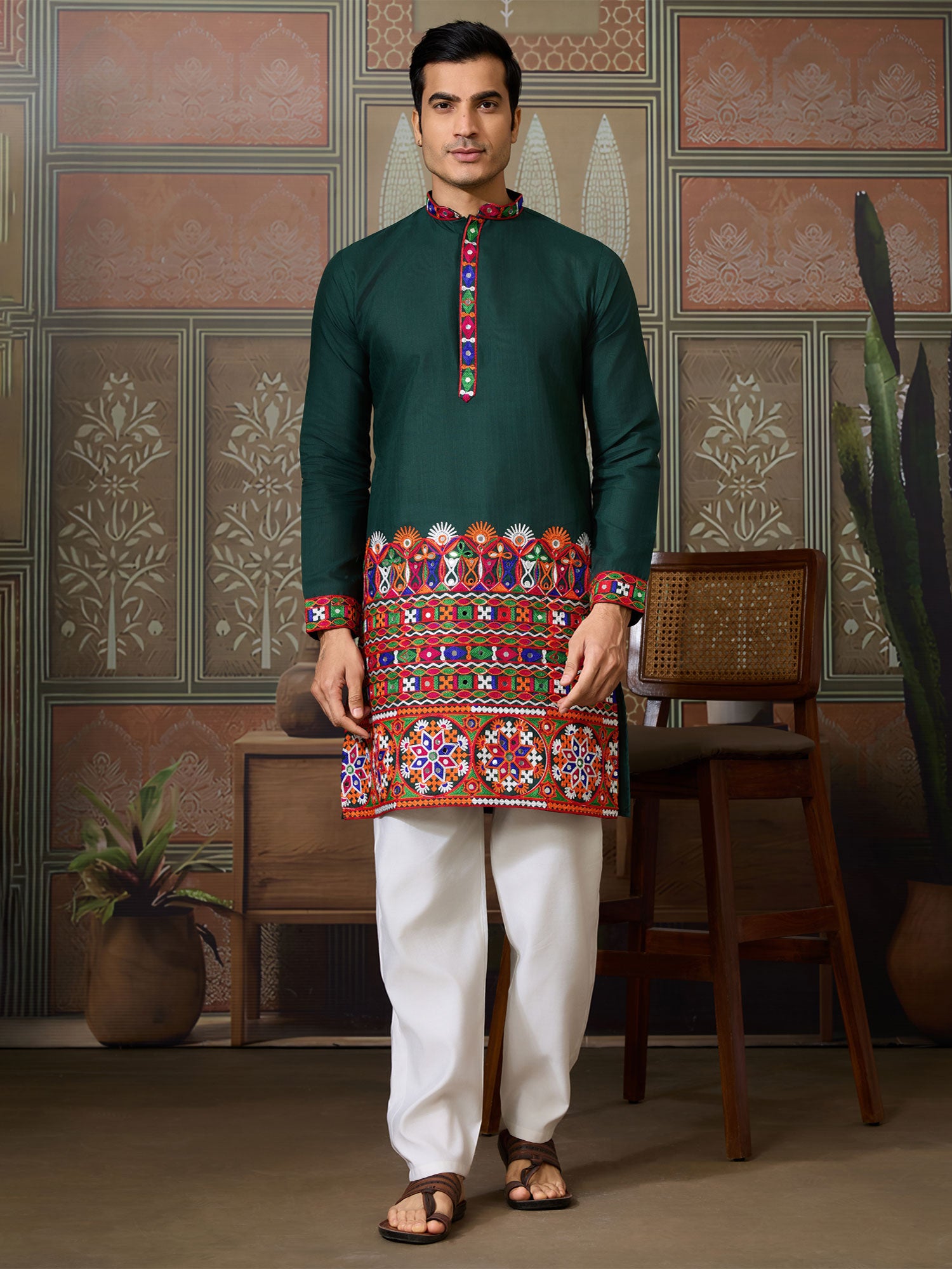 Dark Green Mirror Embellished Men's Kurta Pyjama