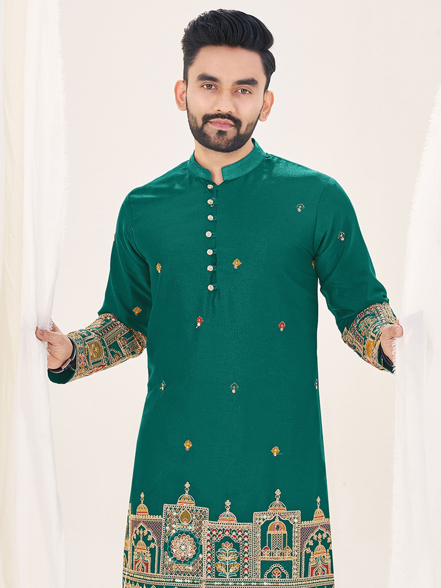 Dark Green Zari Embellished Readymade Kurta Set
