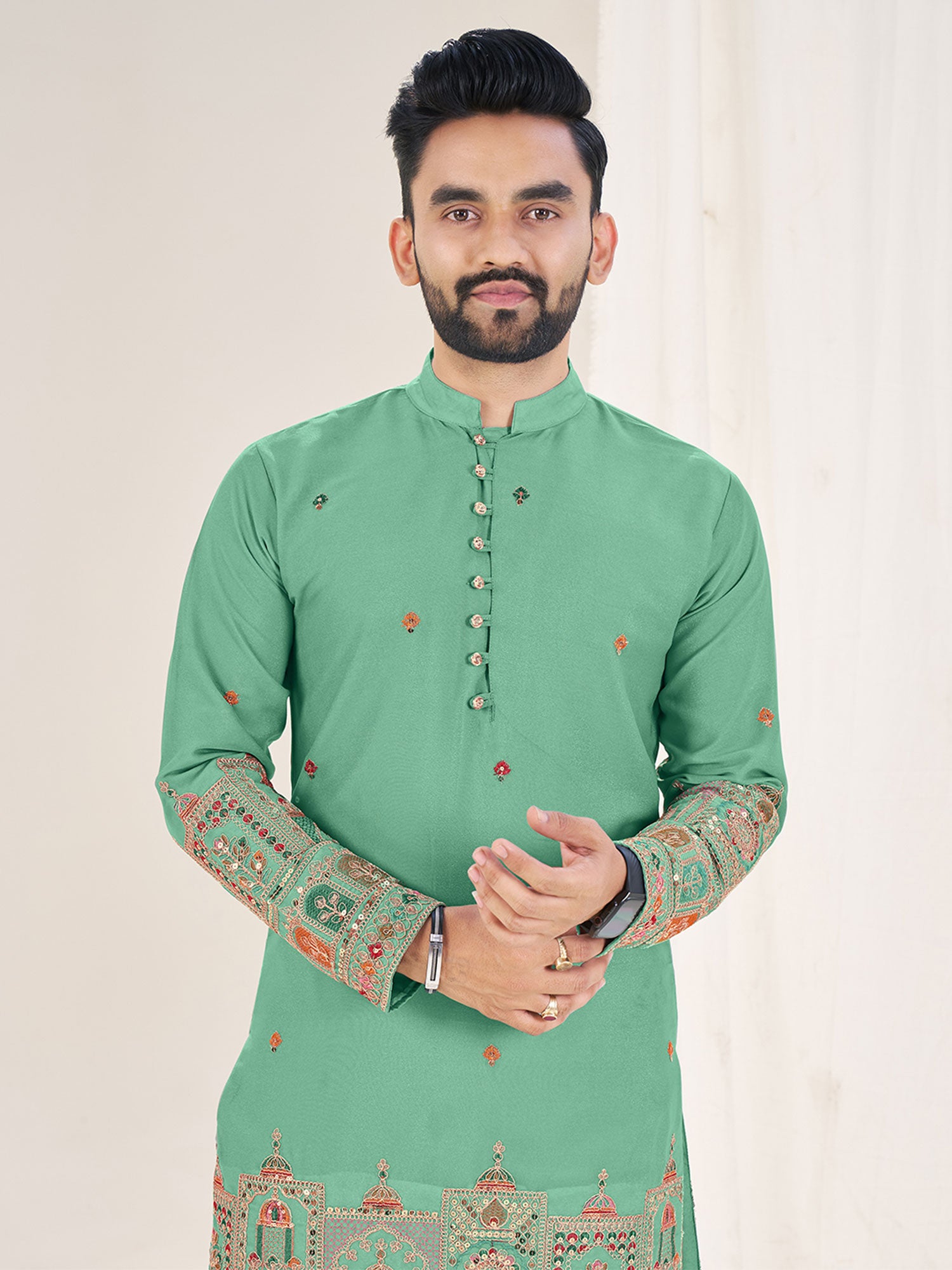 Turquoise Sequins Augmented Kurta Set In Georgette